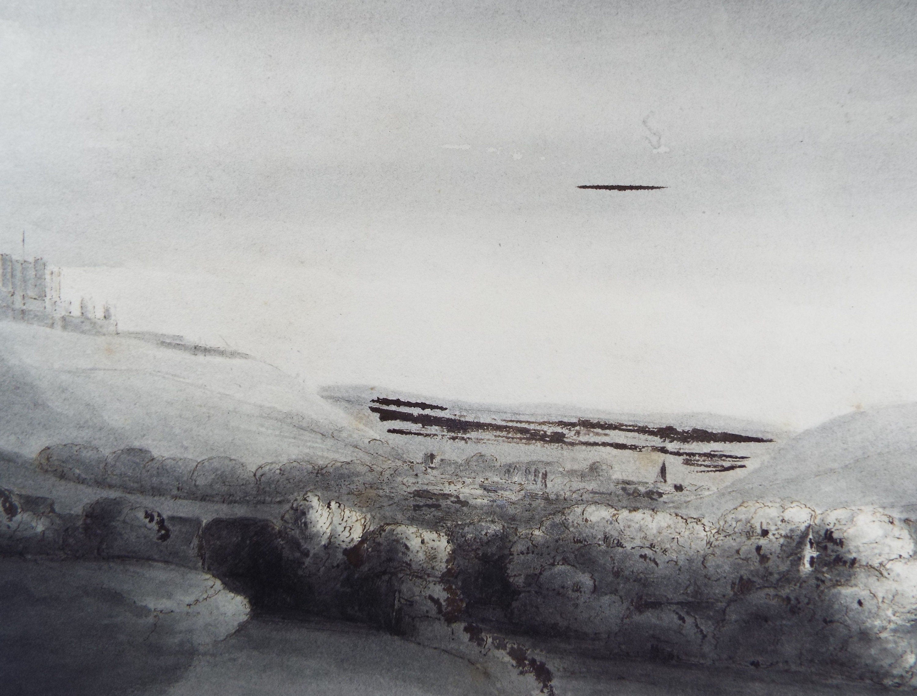 Original Watercolour dated c1820's, 'Bamburgh' - Unknown Artist - Coastal Landscape - Bamburgh Castle and Town