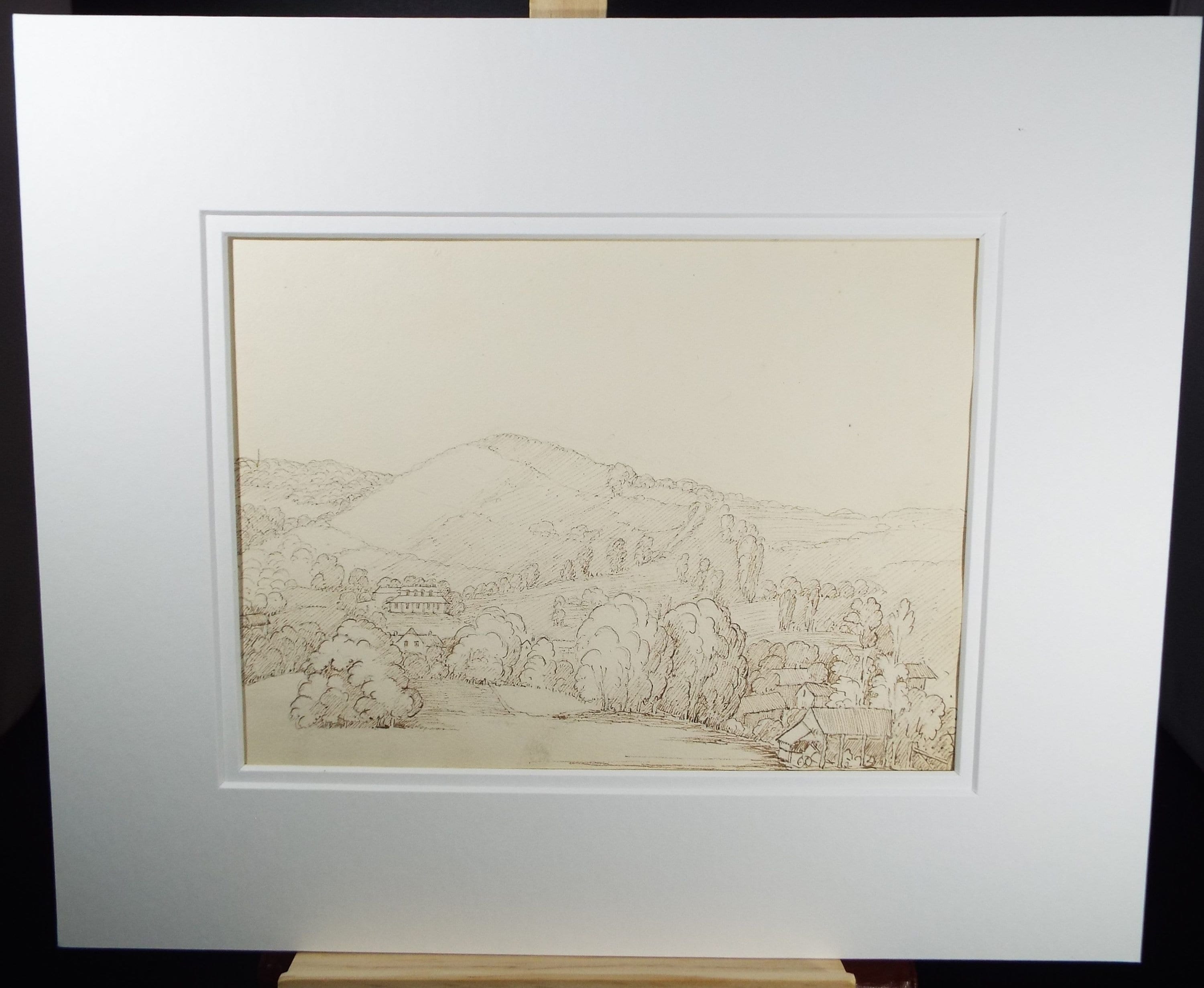 Original Pen & Ink, c1820's, 'Village in a Valley' - probably Devon, Unknown Artist - Landscape - Village in a Wooded Valley