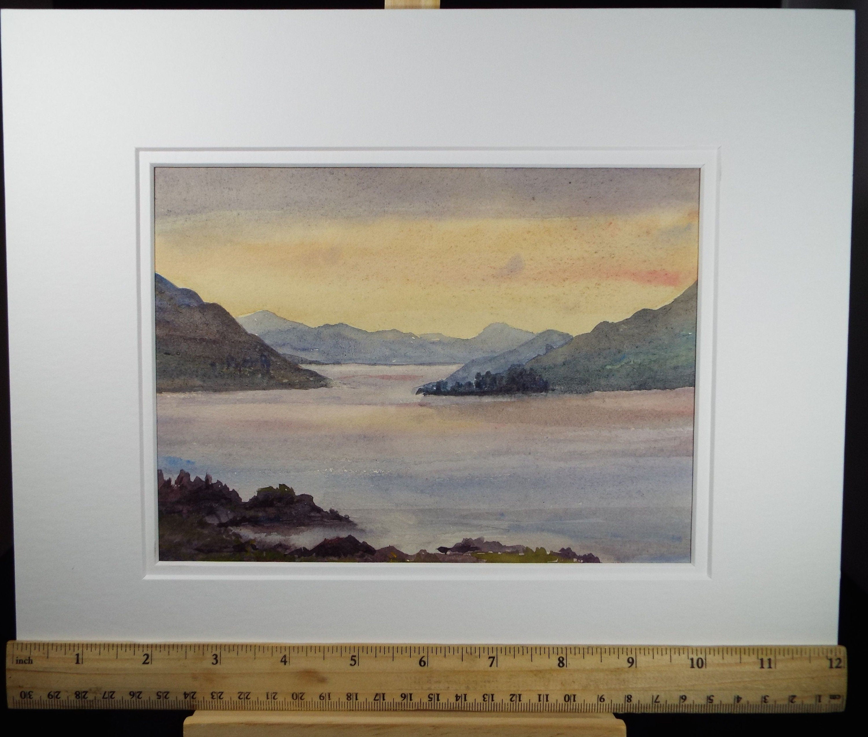 Original Watercolour, 'Lake with Mountains at Sunrise', c1910, Unknown Artist
