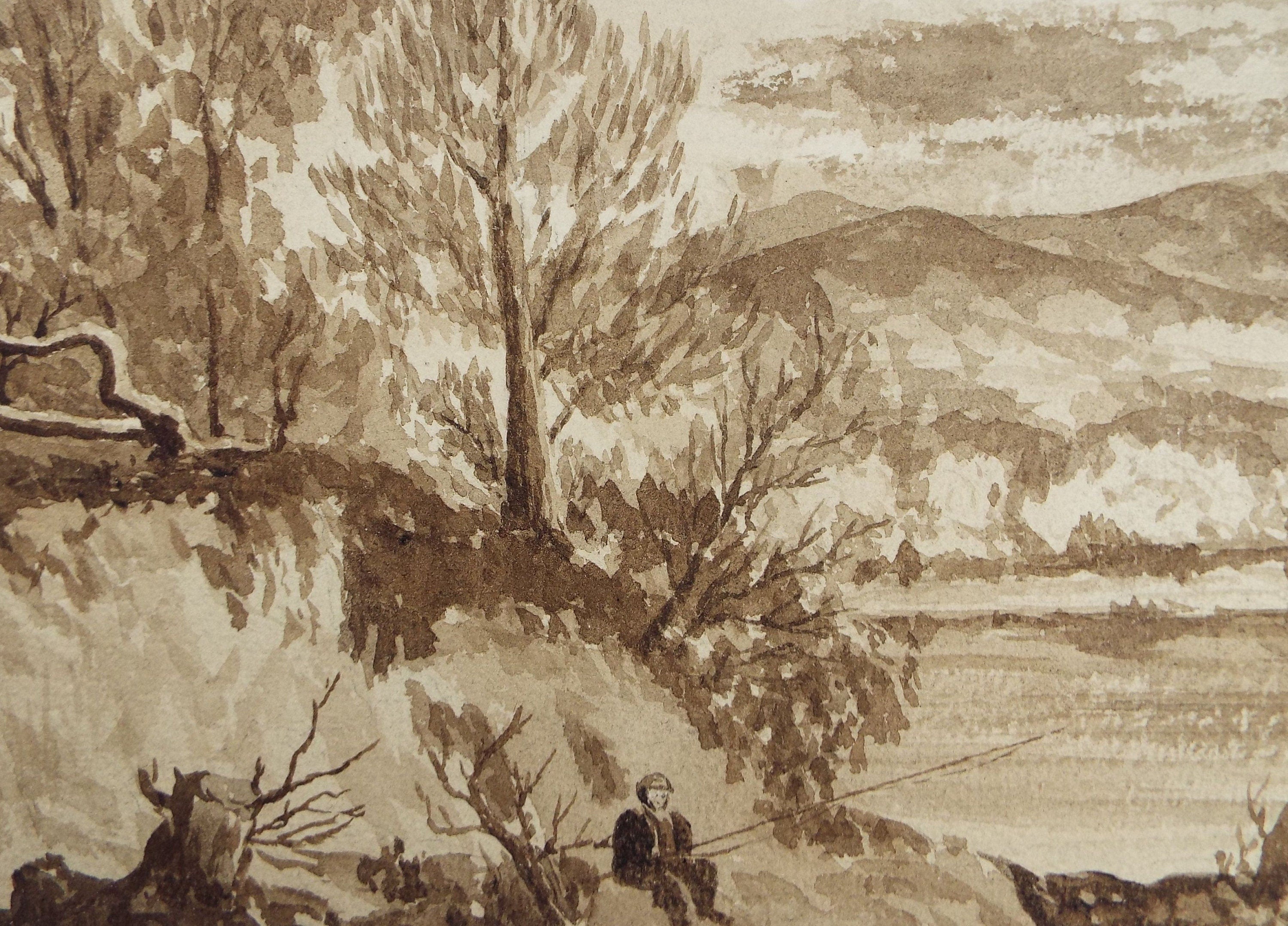 Original Watercolour, 'Fishing from the Riverbank',Late 19th Century, Unknown Artist