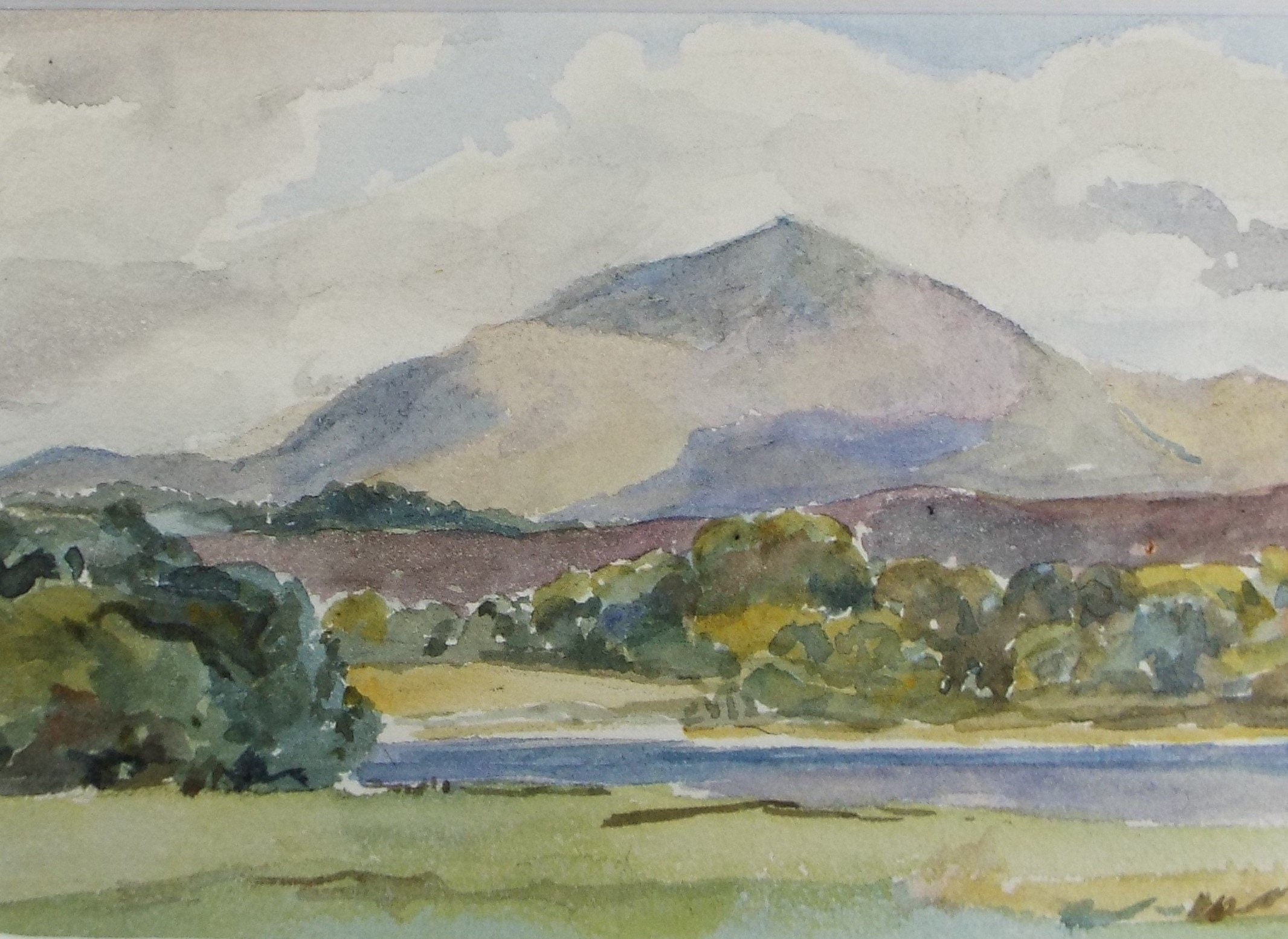 Original Watercolour on Paper, 'Green Landscape with distant hills', Circa 1930's , Artist Unknown