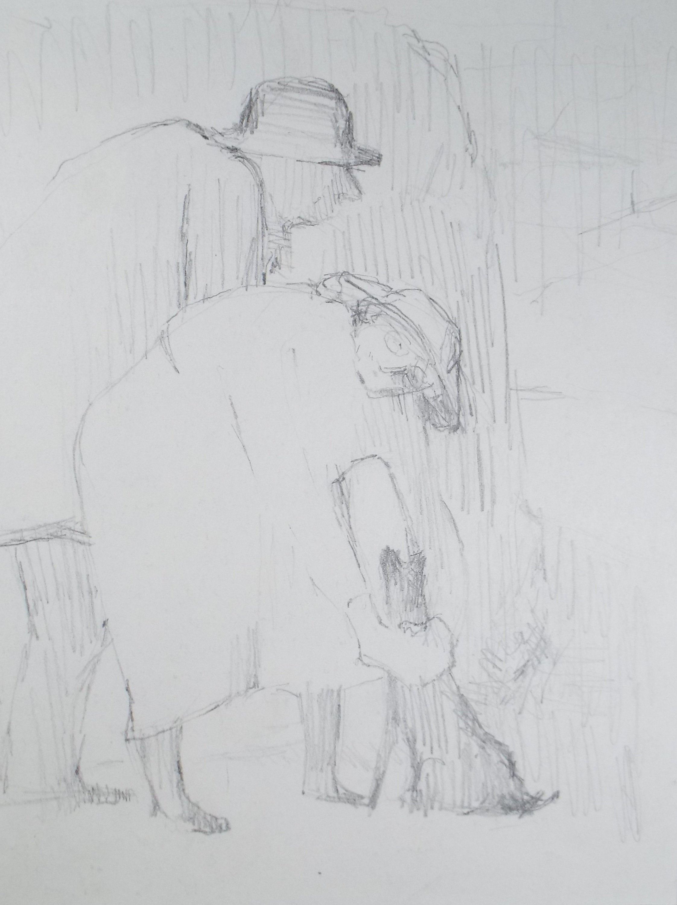 Original Pencil Drawing,'Figures with dog', circa 1990, Mariota Bosanquet (1923-2022)