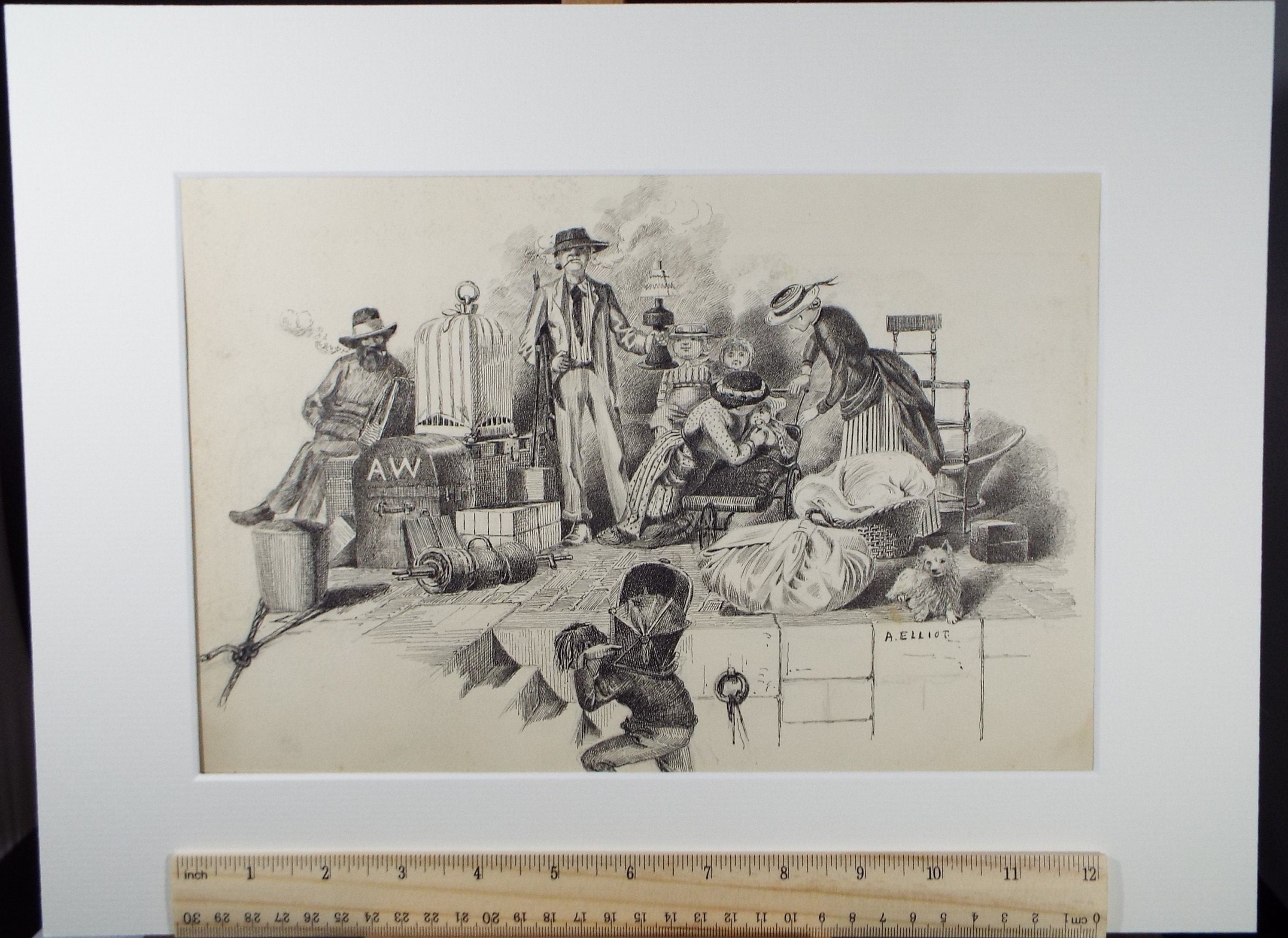 Original Pen & Ink , 'The Family and All their possessions ', circa 1880, A Elliott