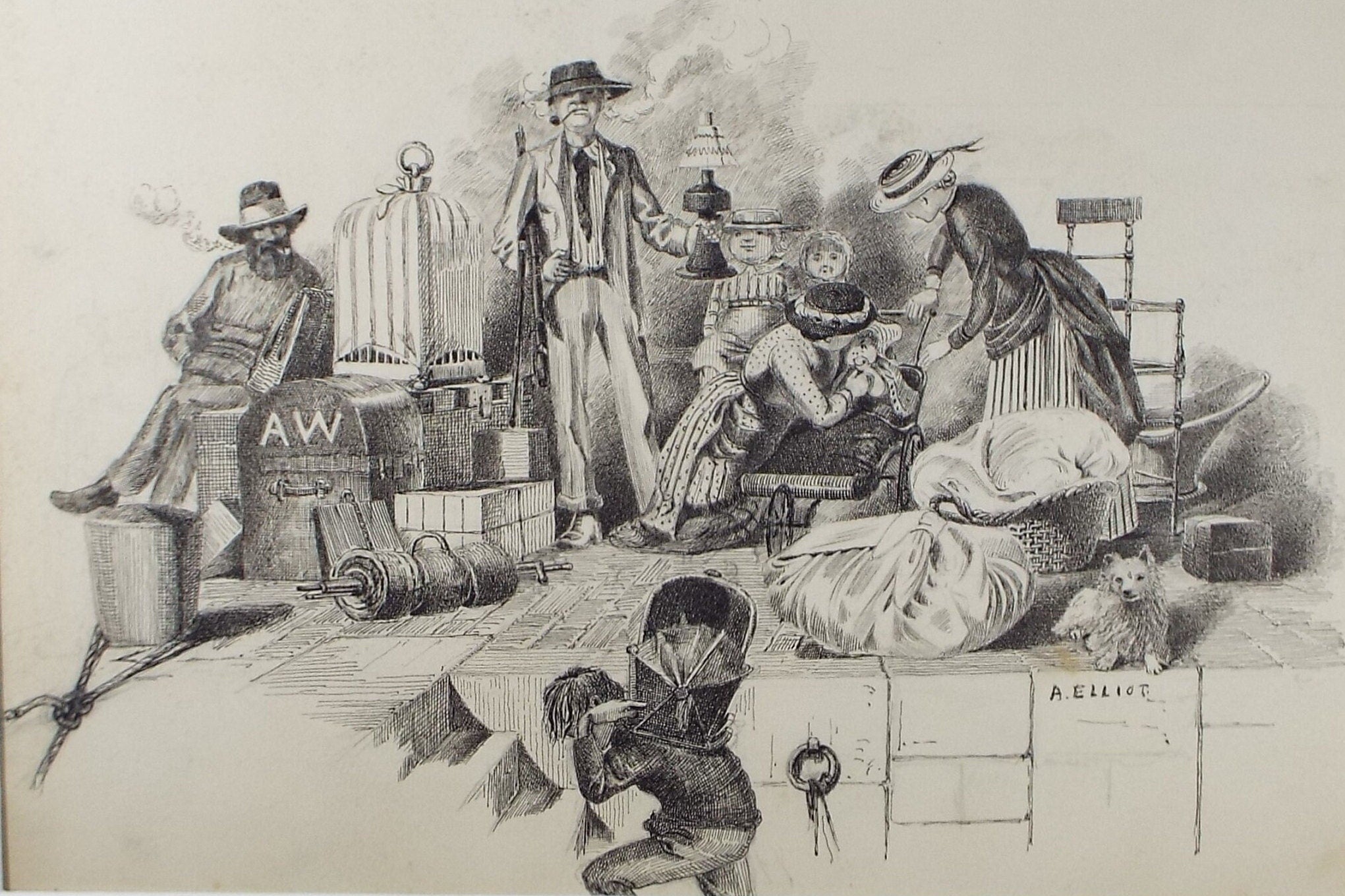 Original Pen & Ink , 'The Family and All their possessions ', circa 1880, A Elliott