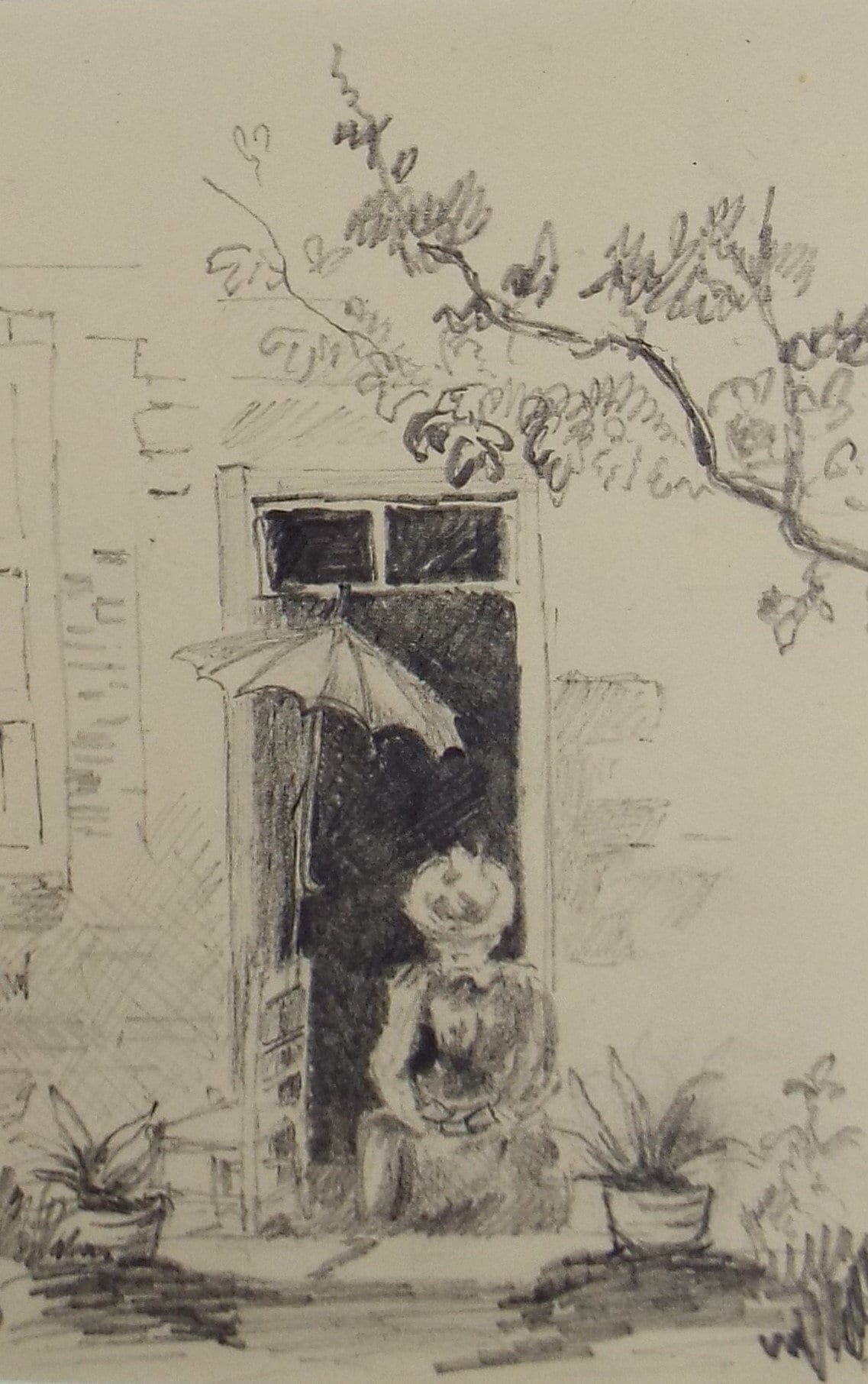 Original Pencil Drawing,'Figures and cat at a doorway', Circa 1850's artist Unknown