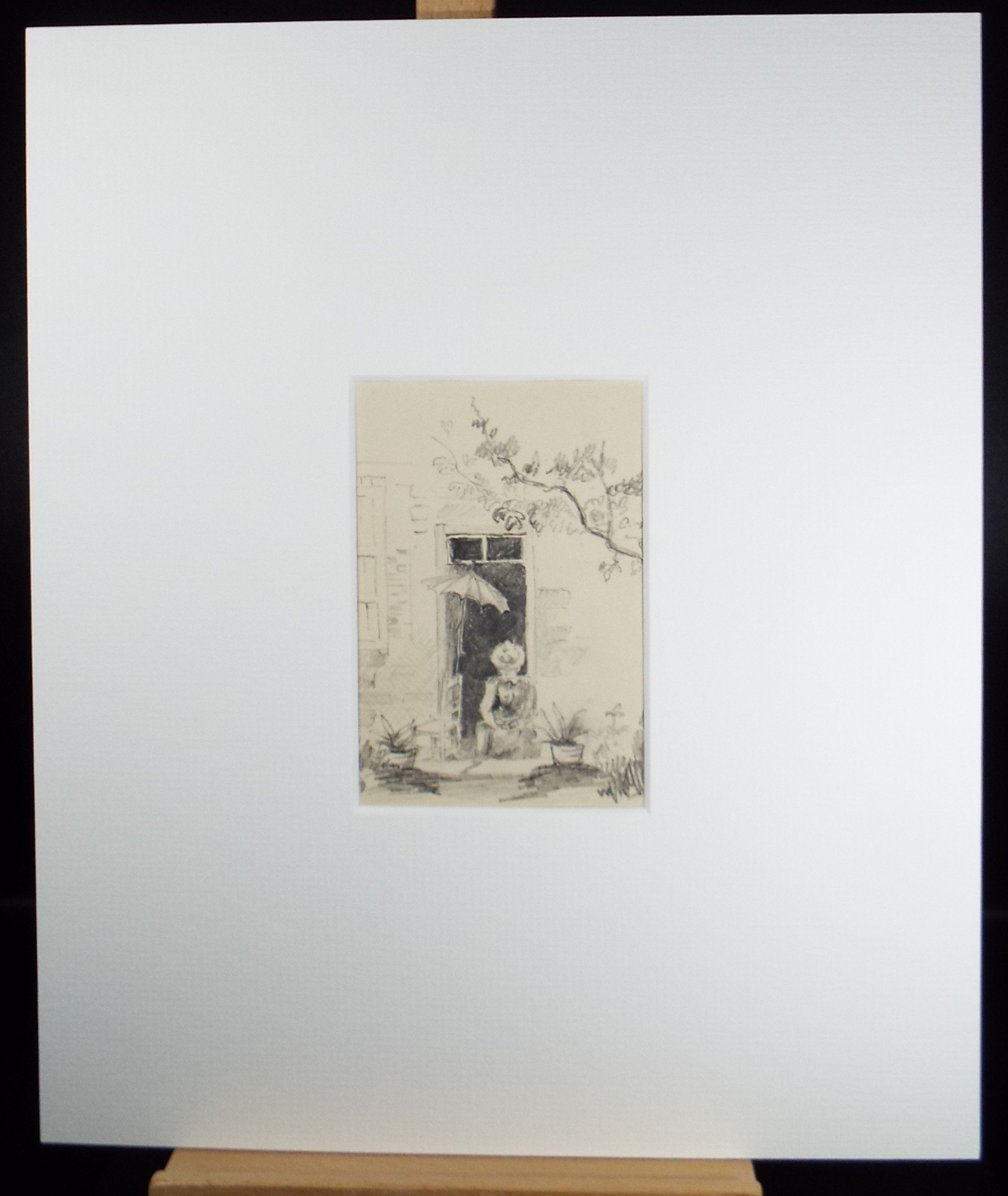 Original Pencil Drawing,'Figures and cat at a doorway', Circa 1850's artist Unknown