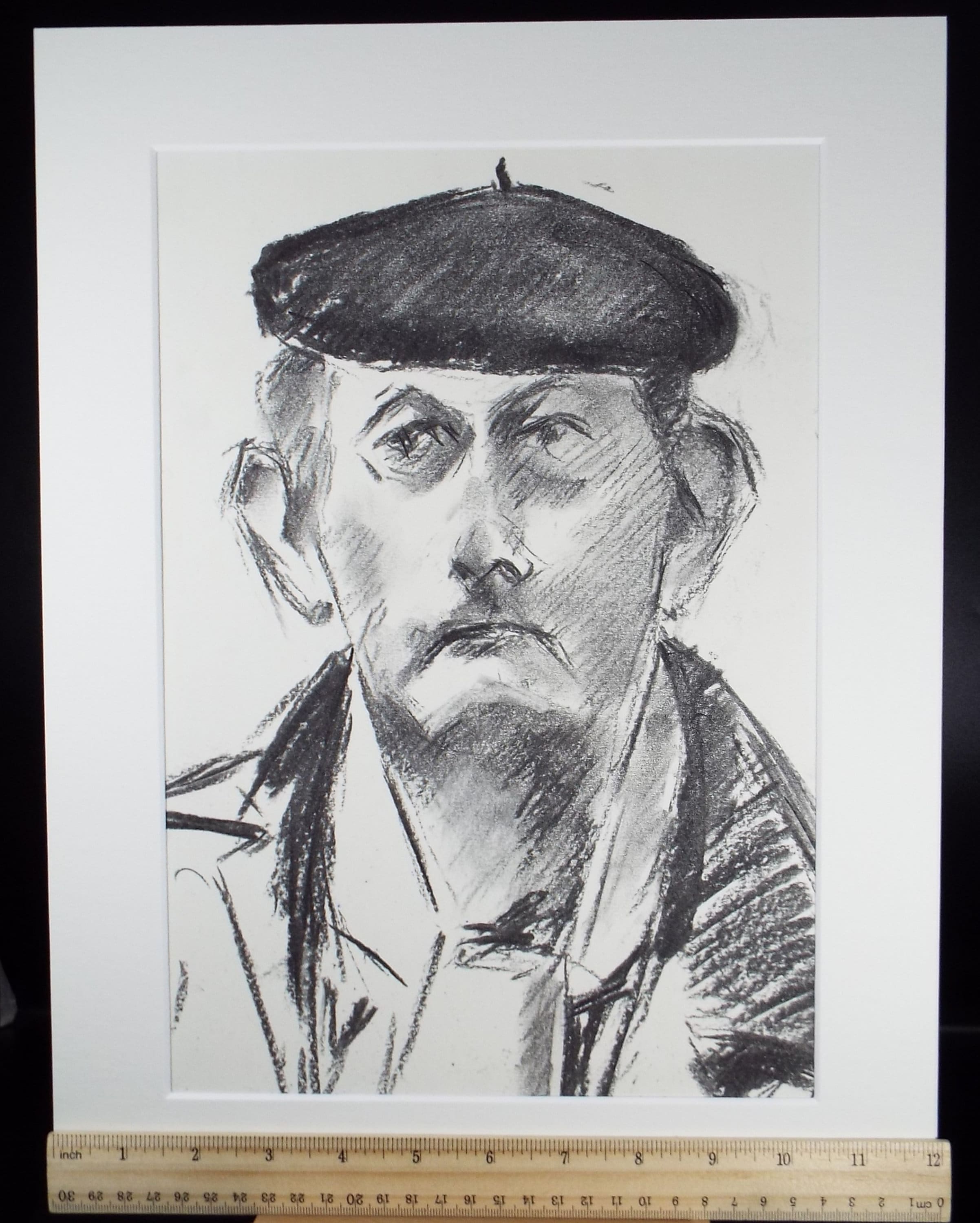 Original Conte Sketch,'Study of a Man in a Beret', Hugh Tasker, circa 1990's