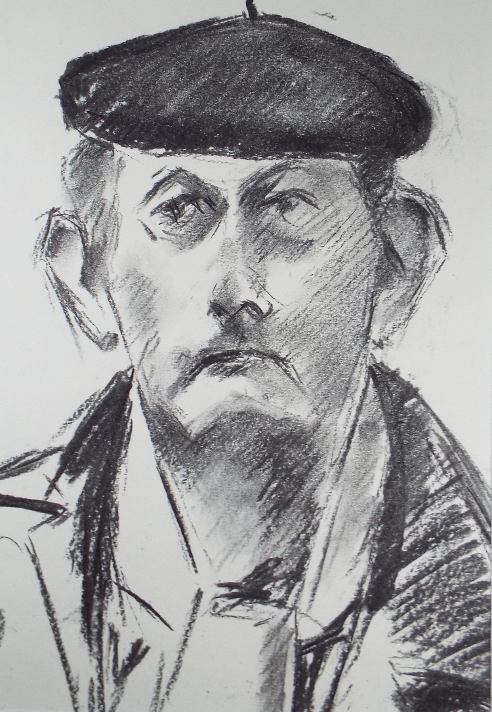 Original Conte Sketch,'Study of a Man in a Beret', Hugh Tasker, circa 1990's