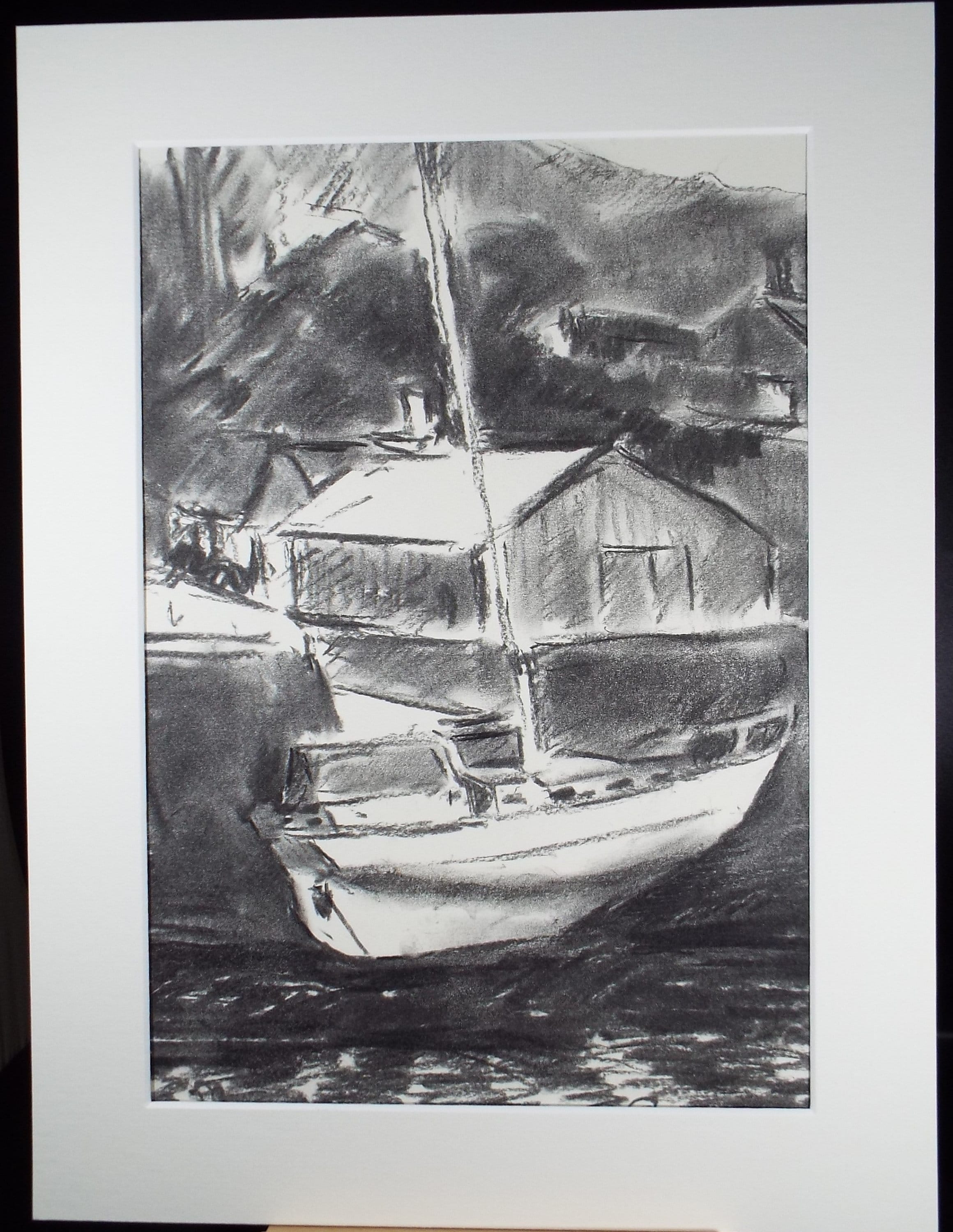 Original Conte Sketch,'Yacht in the Haven', Hugh Tasker, circa 1990's
