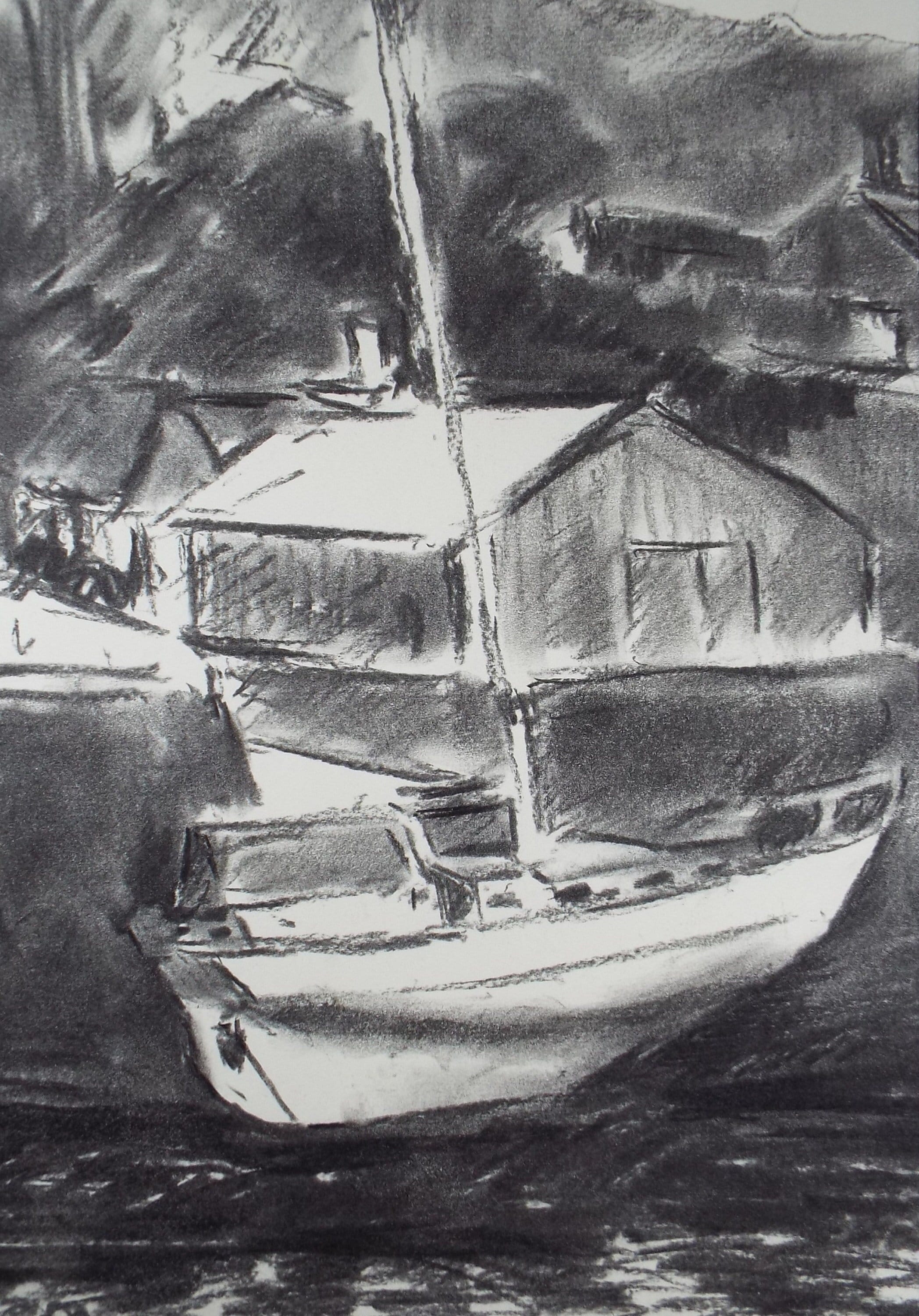Original Conte Sketch,'Yacht in the Haven', Hugh Tasker, circa 1990's