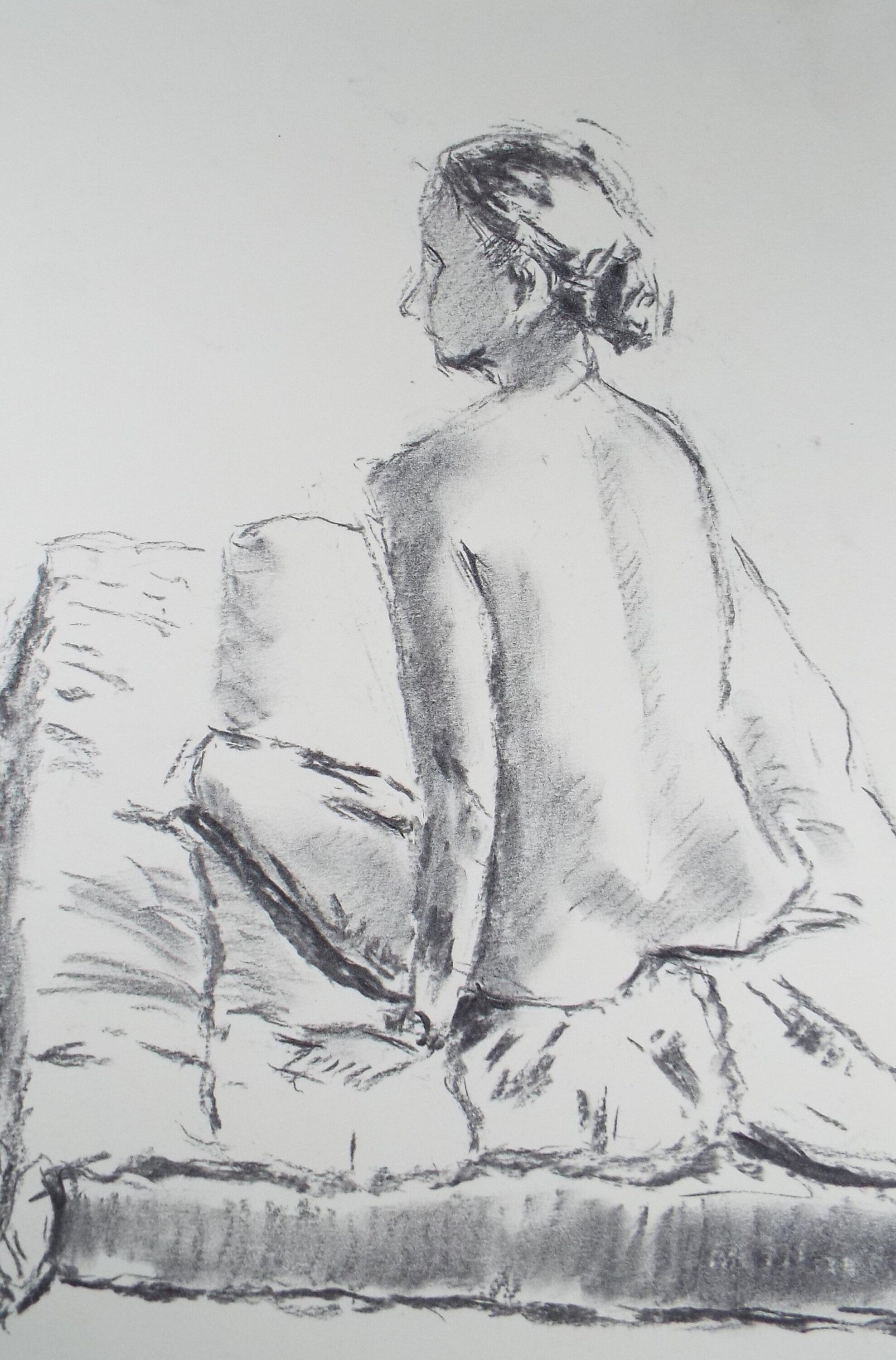 Original Conte Sketch,'Woman on a Mattress', Hugh Tasker, circa 1990's
