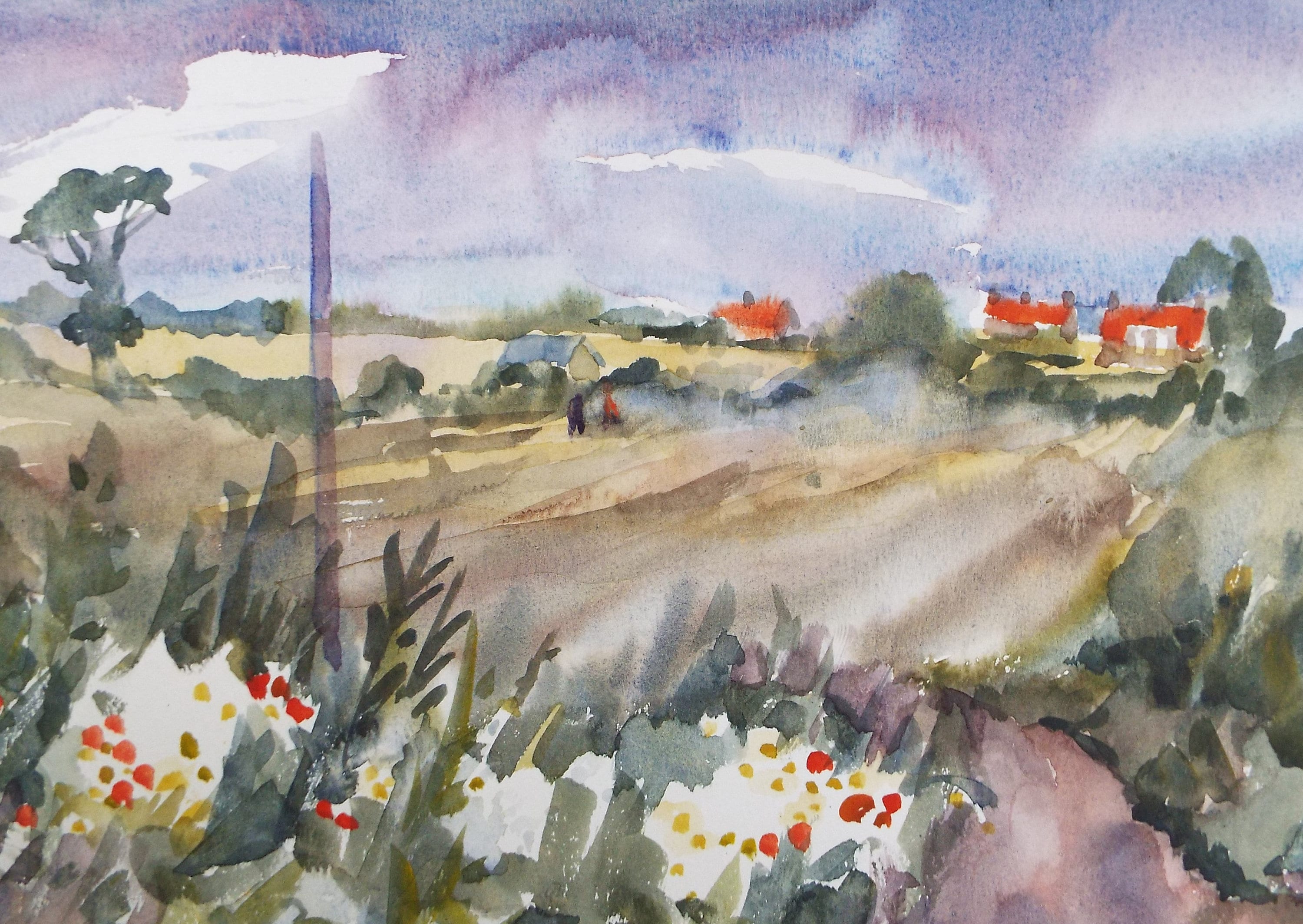 Original Watercolour, 'Cornfields with Village Beyond' , Muriel Hayden Inwood, circa 1970's
