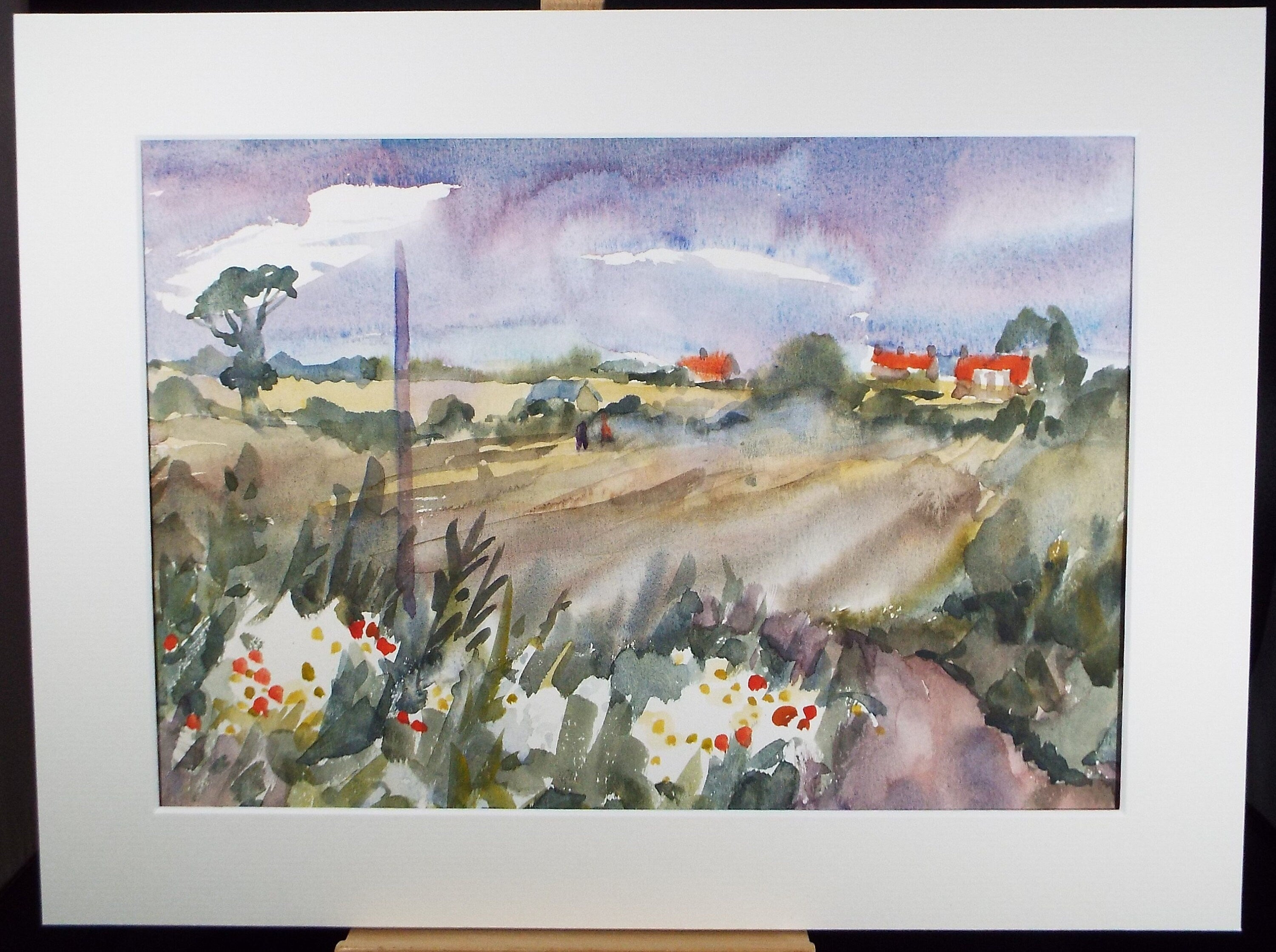 Original Watercolour, 'Cornfields with Village Beyond' , Muriel Hayden Inwood, circa 1970's