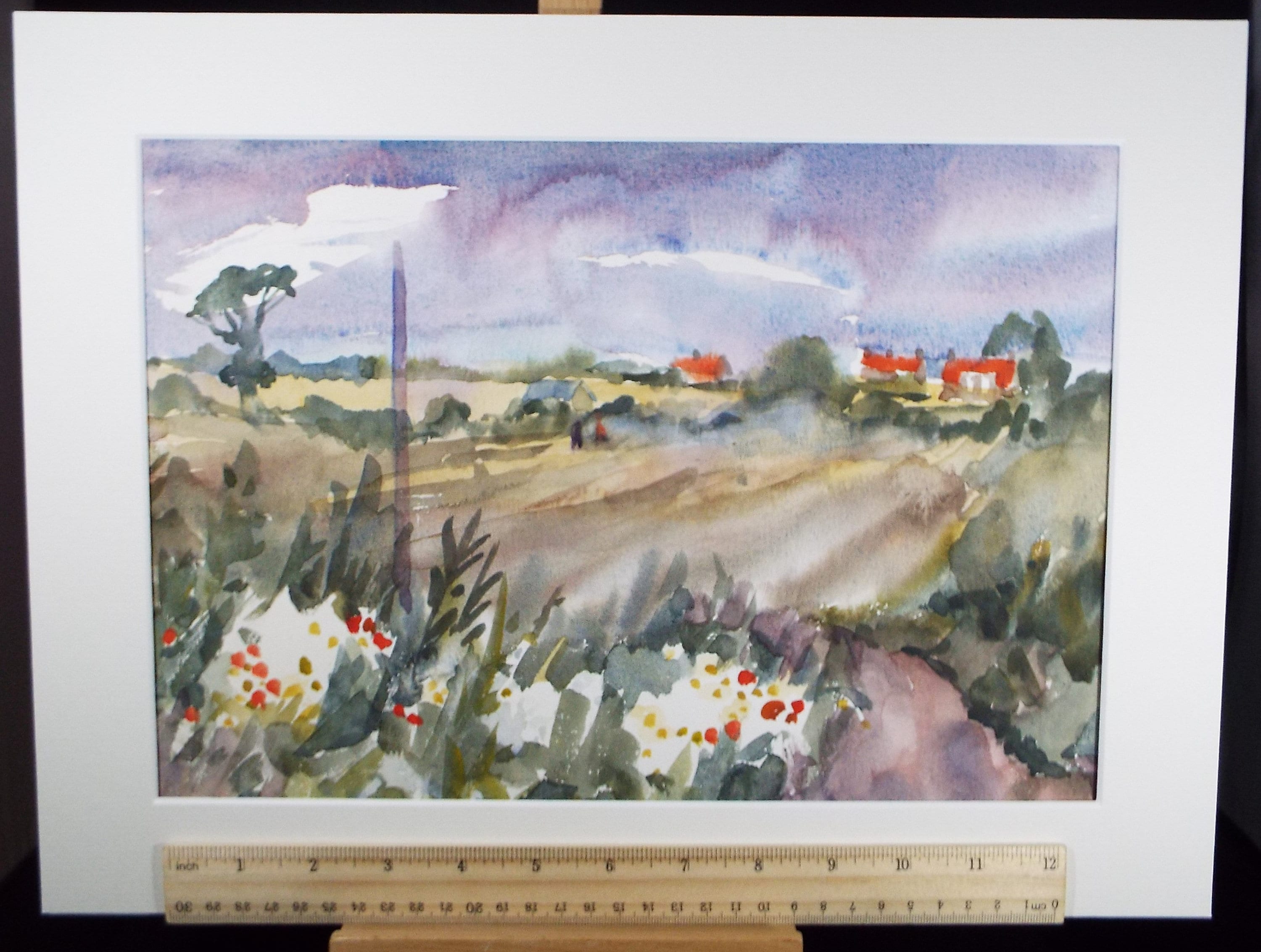Original Watercolour, 'Cornfields with Village Beyond' , Muriel Hayden Inwood, circa 1970's