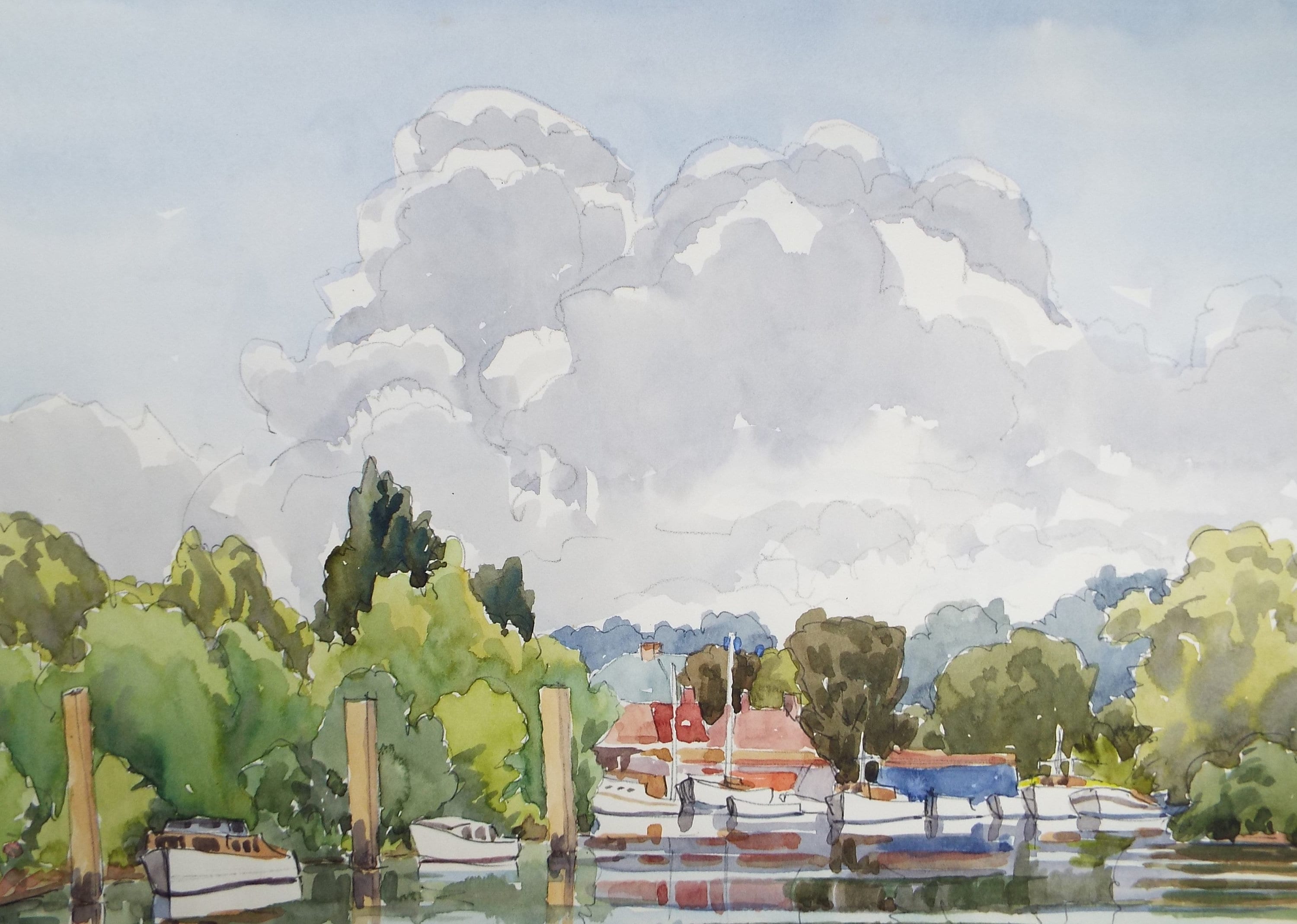 Original Watercolour, 'Boats on the River', George Godfrey (20th Century, Scottish), circa 1960's