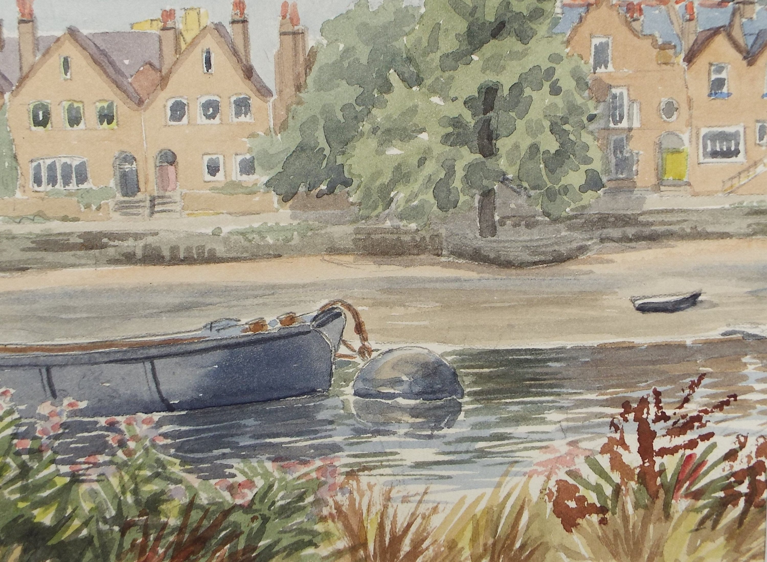 Original watercolour 'Barge on a Mooring', Chiswick', George Godfrey, Dated 1959