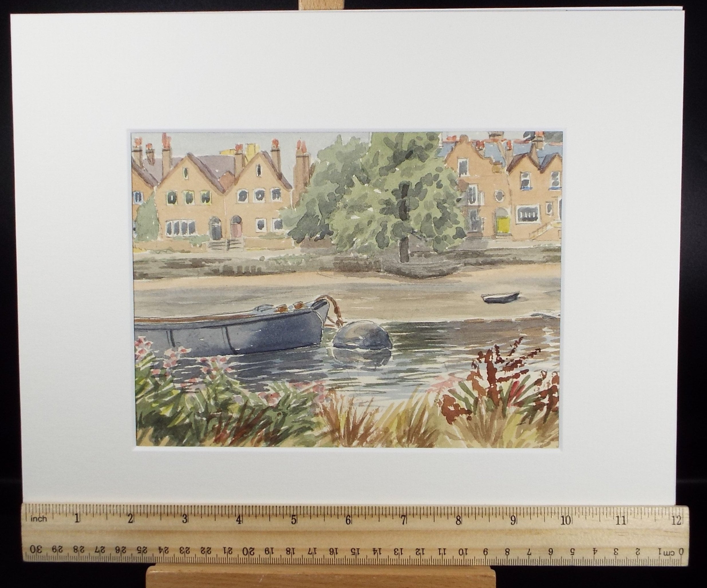 Original watercolour 'Barge on a Mooring', Chiswick', George Godfrey, Dated 1959