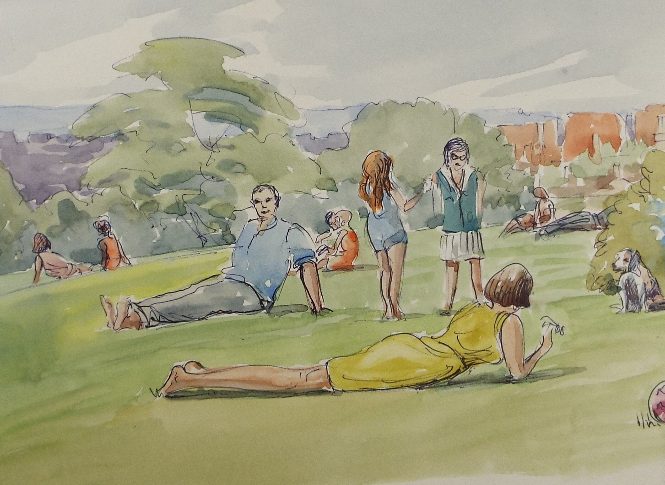 Original Watercolour, 'Golders Hill with Figures', George Godfrey, Dated 1966