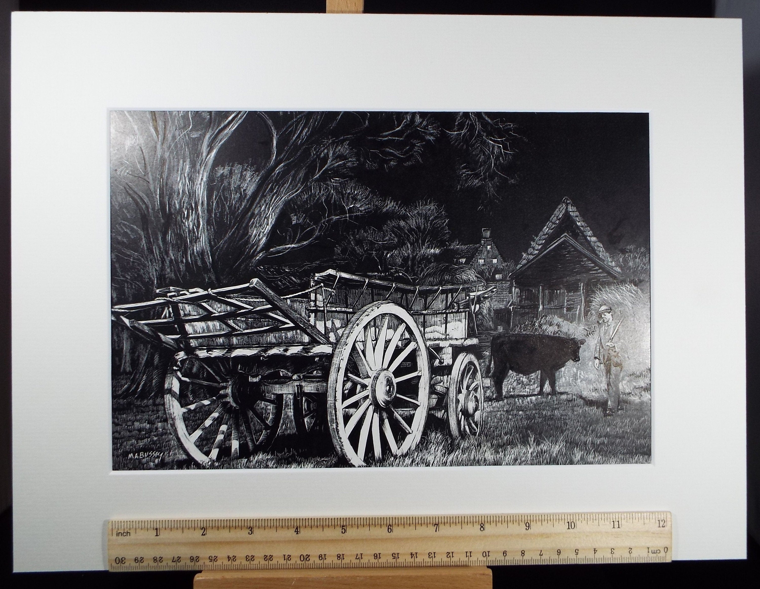 Original Etching on Scraperboard 'Cart with Figure', Michael A. Bussey, circa 1960's