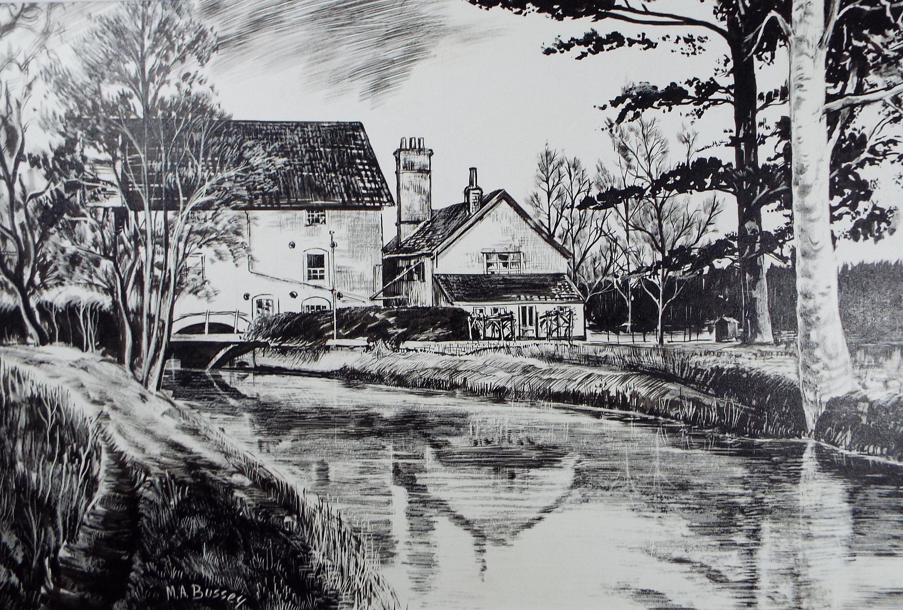 Original Etching on Scraperboard 'The Water Mill', Michael A. Bussey, circa 1960's