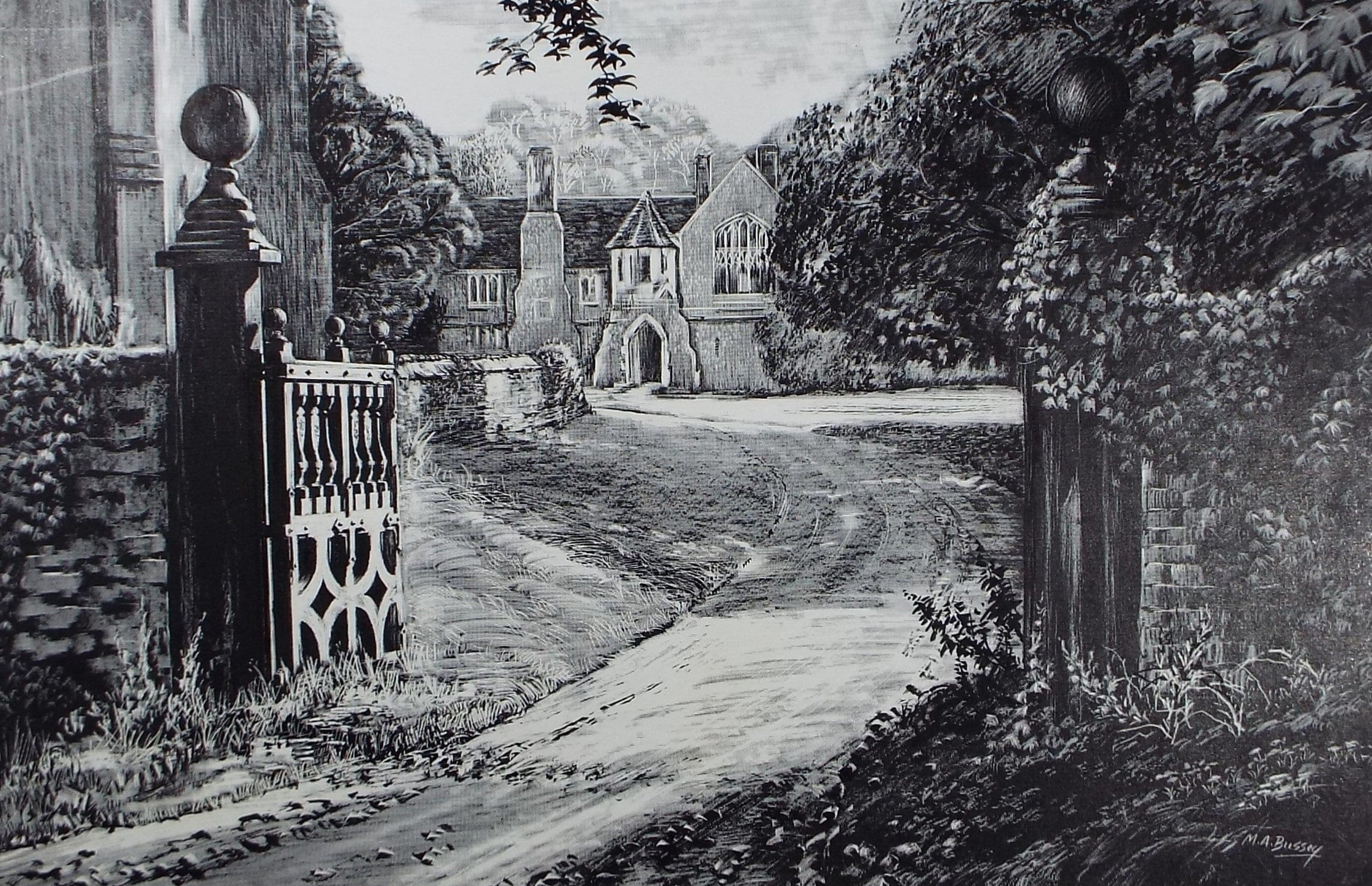 Original Etching on Scraperboard 'Bingham Hall' , Michael A. Bussey, circa 1960's