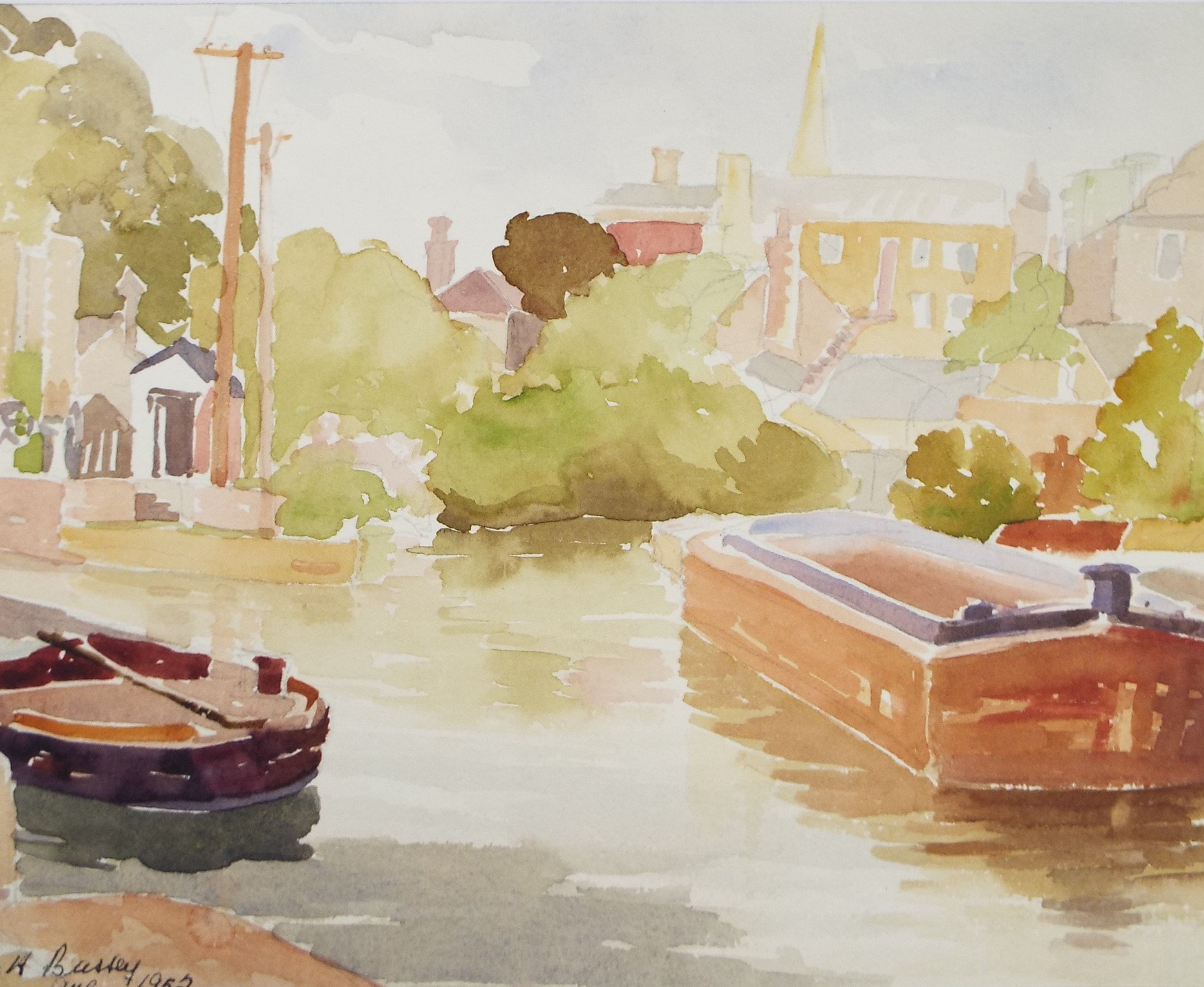 Original Watercolour, 'Moored Barges', Michael A. Bussey 1920-2014, circa 1950's