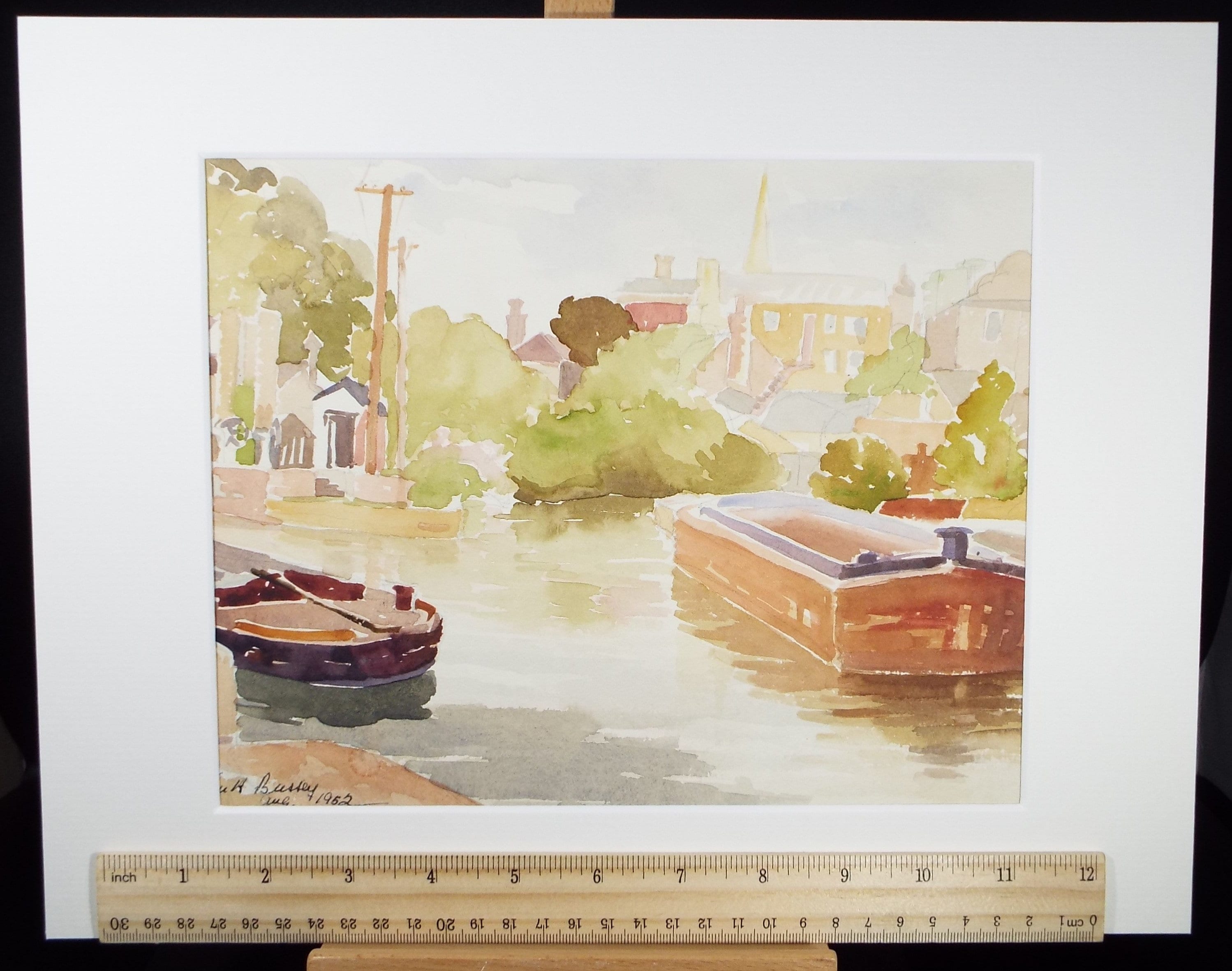 Original Watercolour, 'Moored Barges', Michael A. Bussey 1920-2014, circa 1950's