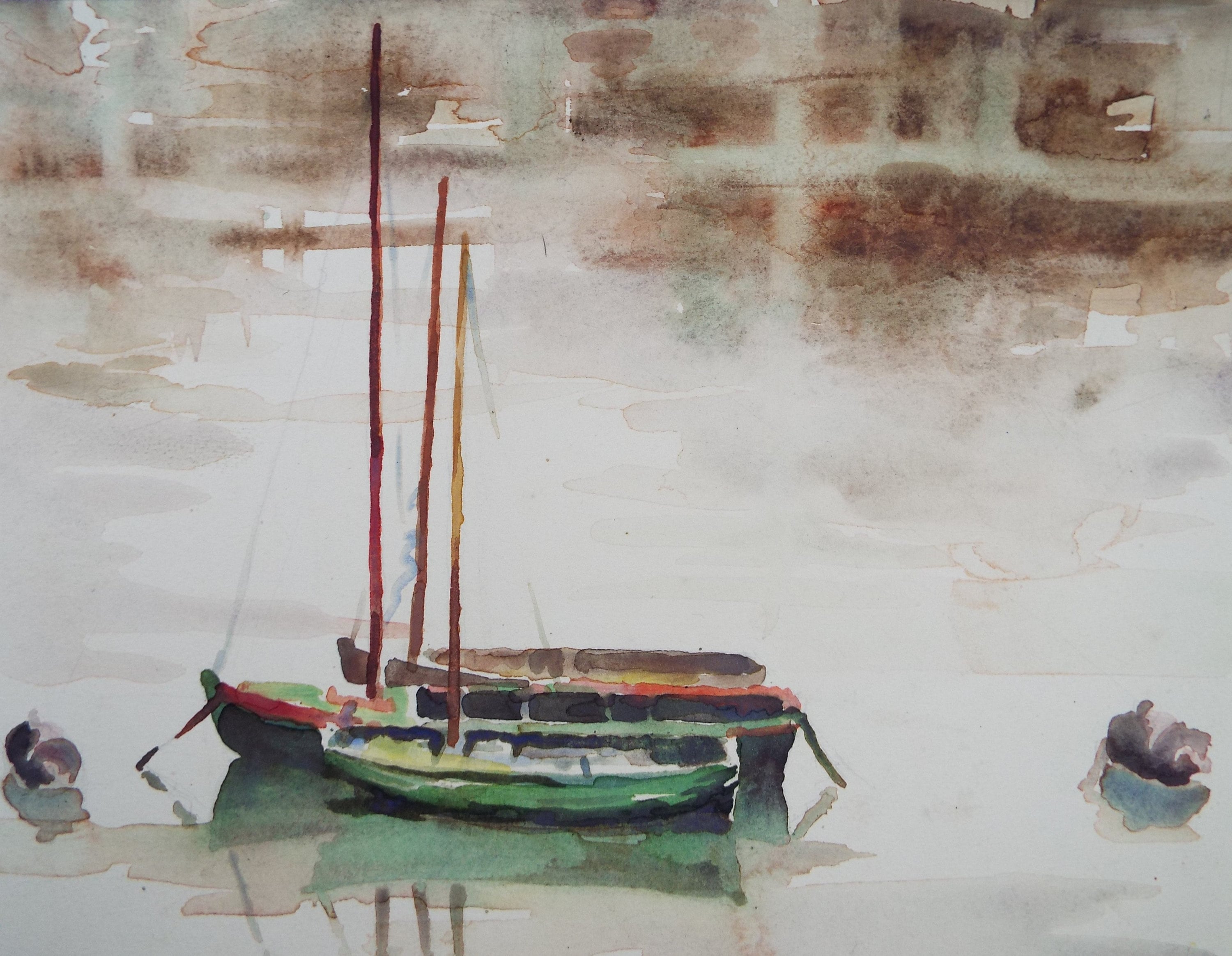 Original Watercolour, 'Moored Boats', Michael A. Bussey 1920-2014, circa 1950's