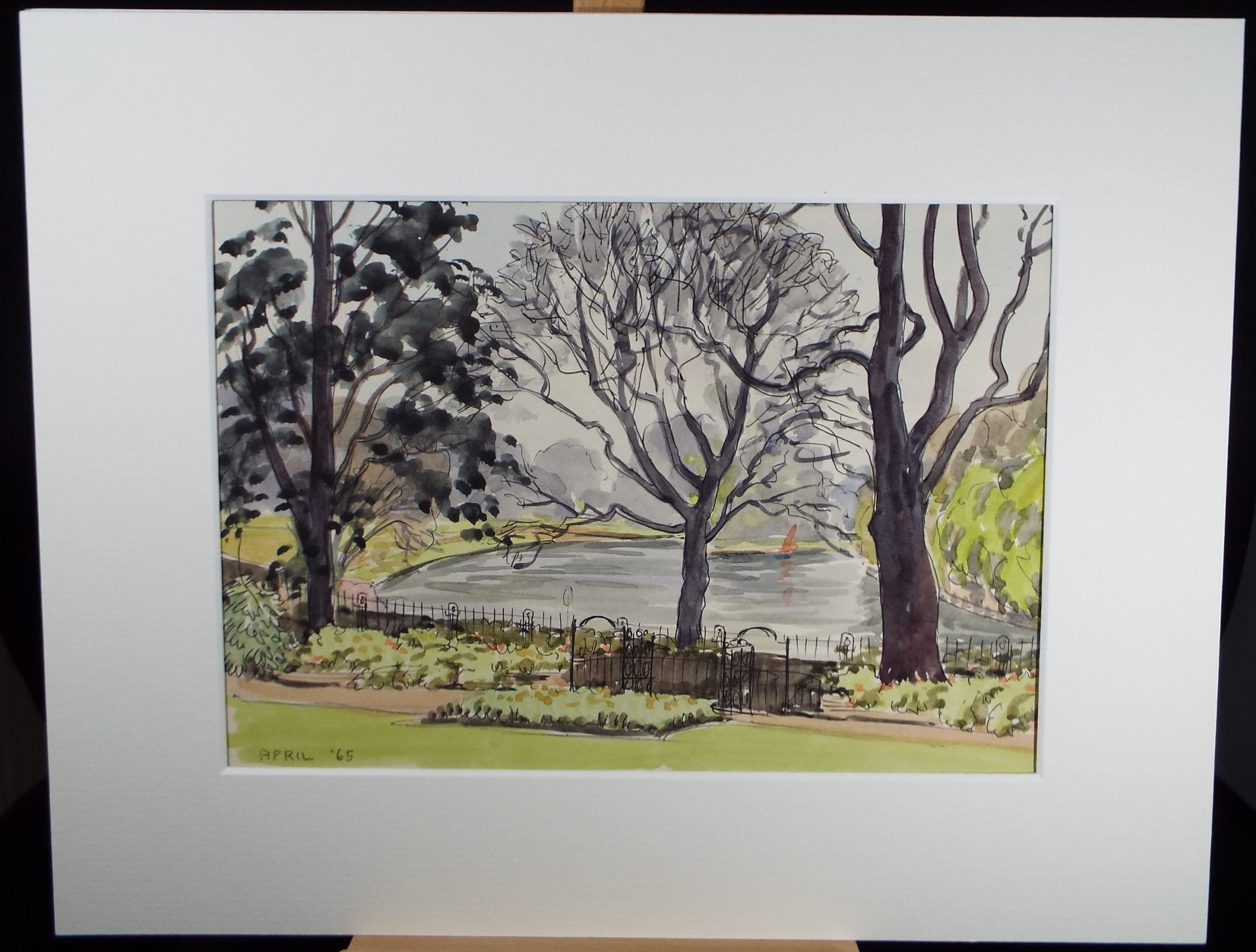 Original Watercolour, 'Lake at the park, George Godfrey, circa 1960's