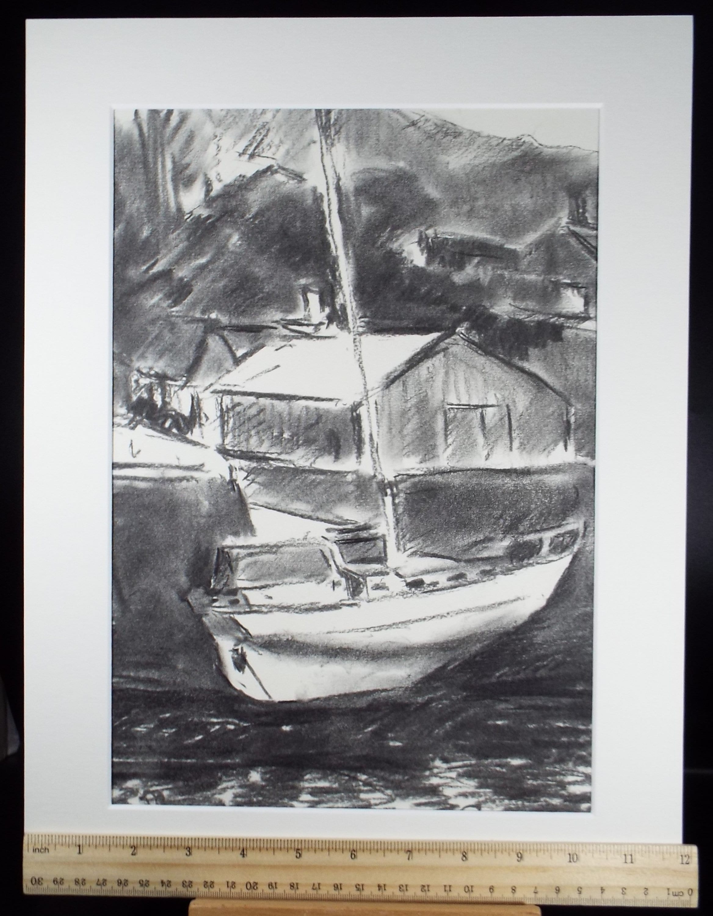 Original Conte Sketch,'Yacht in the Haven', Hugh Tasker, circa 1990's