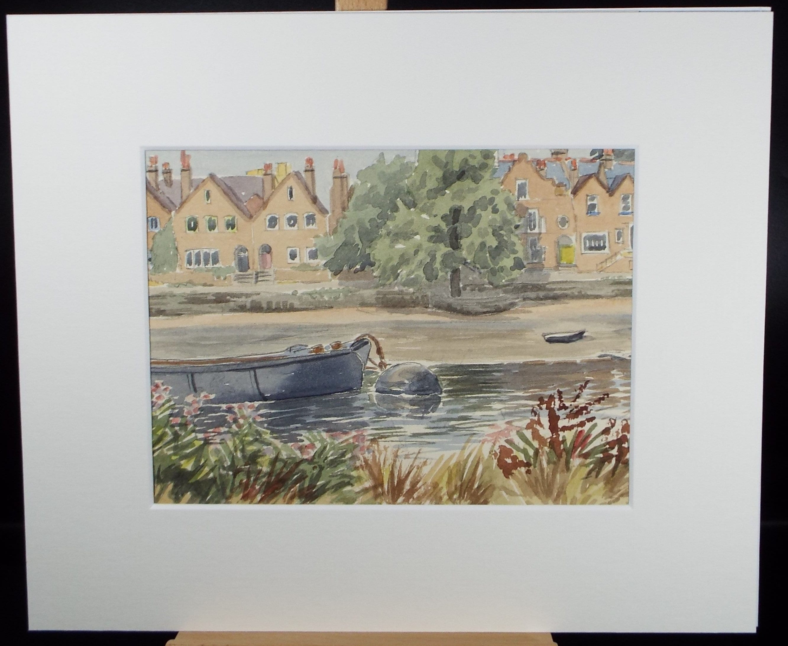 Original watercolour 'Barge on a Mooring', Chiswick', George Godfrey, Dated 1959