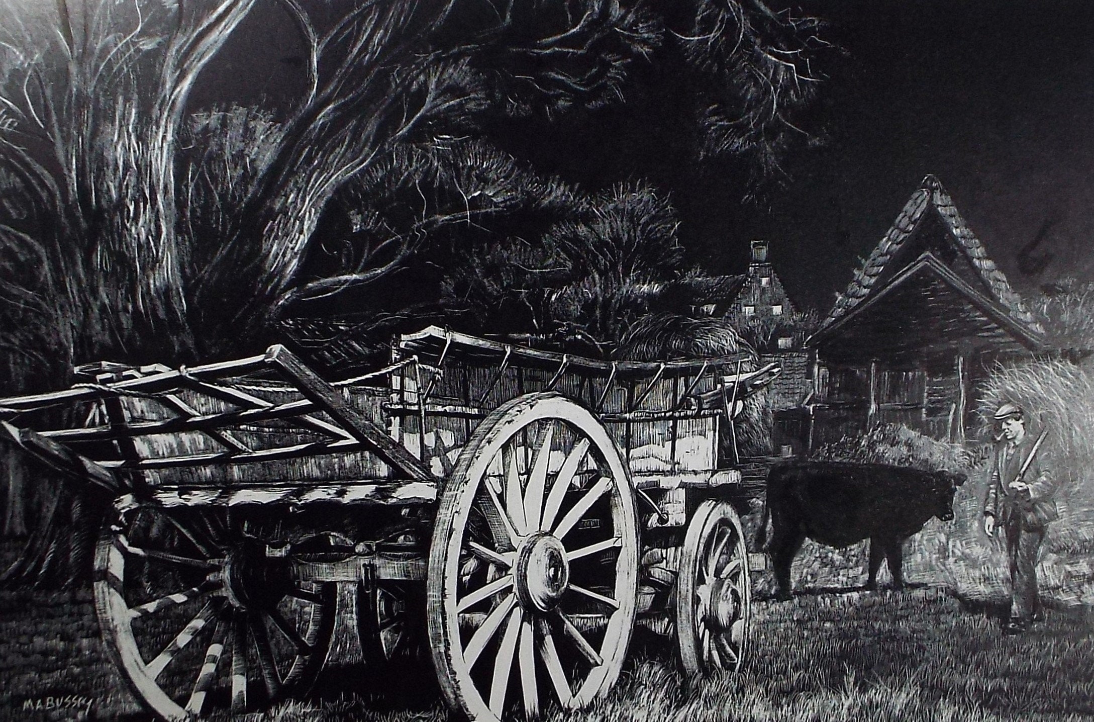 Original Etching on Scraperboard 'Cart with Figure', Michael A. Bussey, circa 1960's