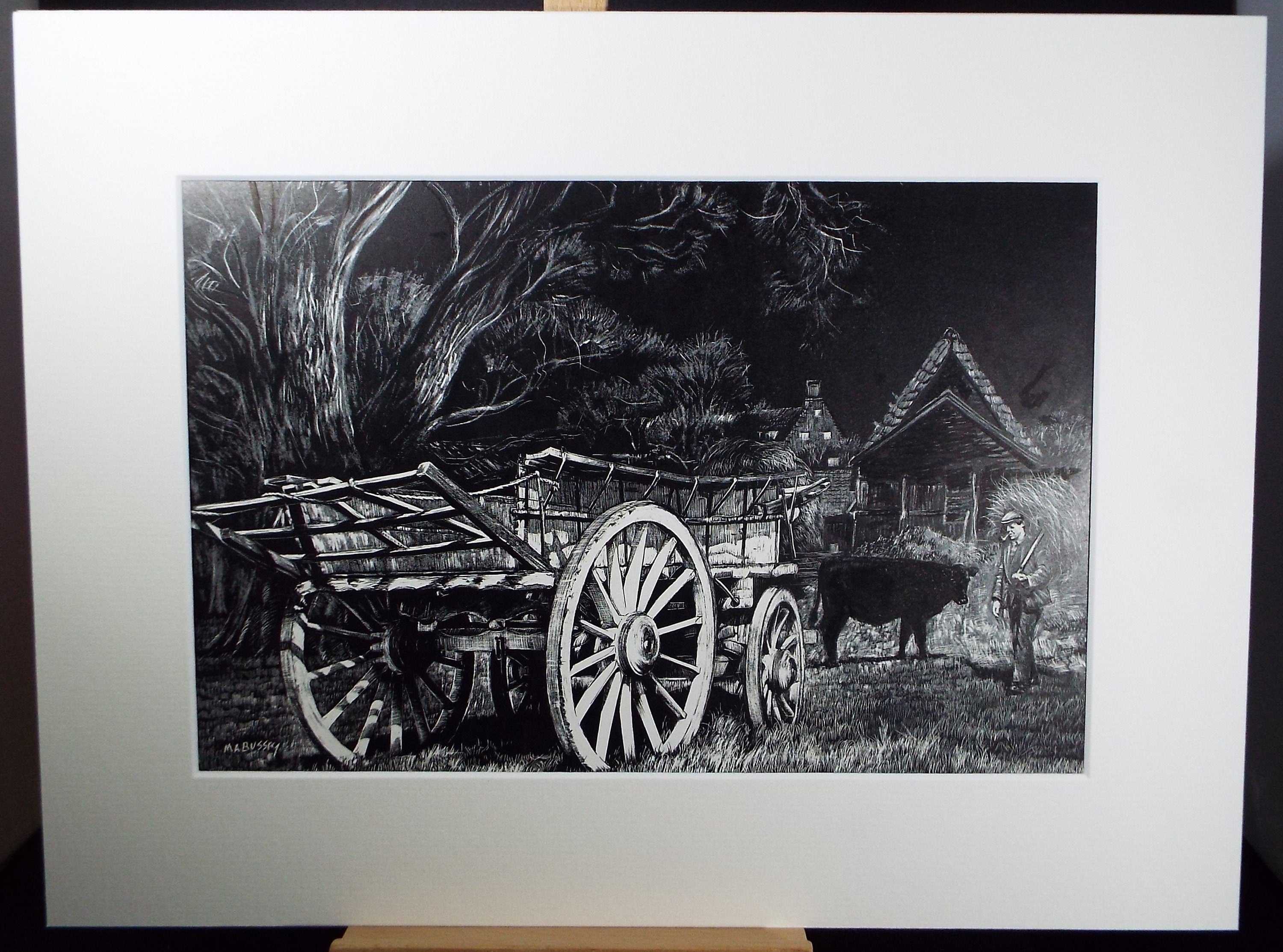 Original Etching on Scraperboard 'Cart with Figure', Michael A. Bussey, circa 1960's