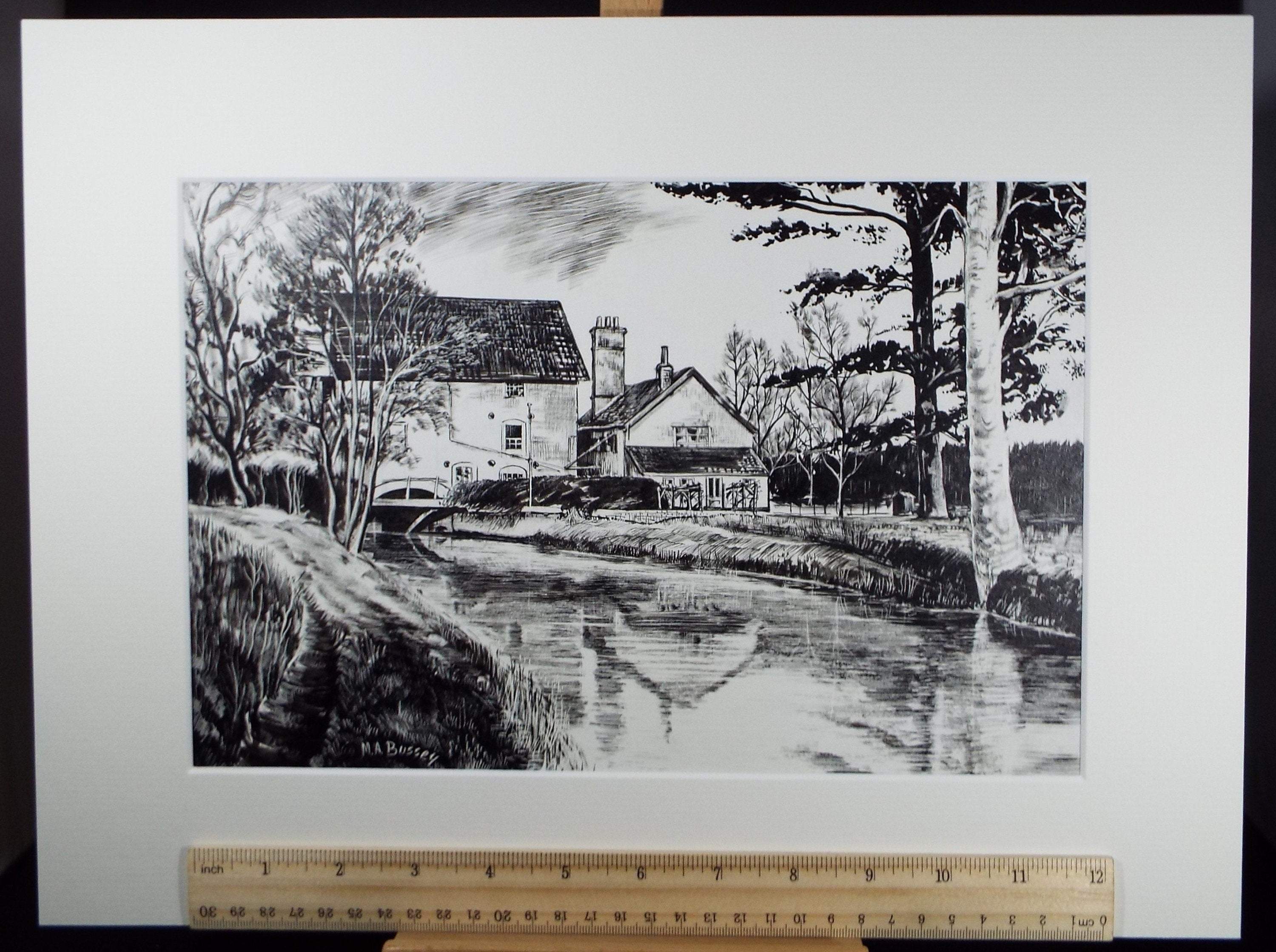 Original Etching on Scraperboard 'The Water Mill', Michael A. Bussey, circa 1960's