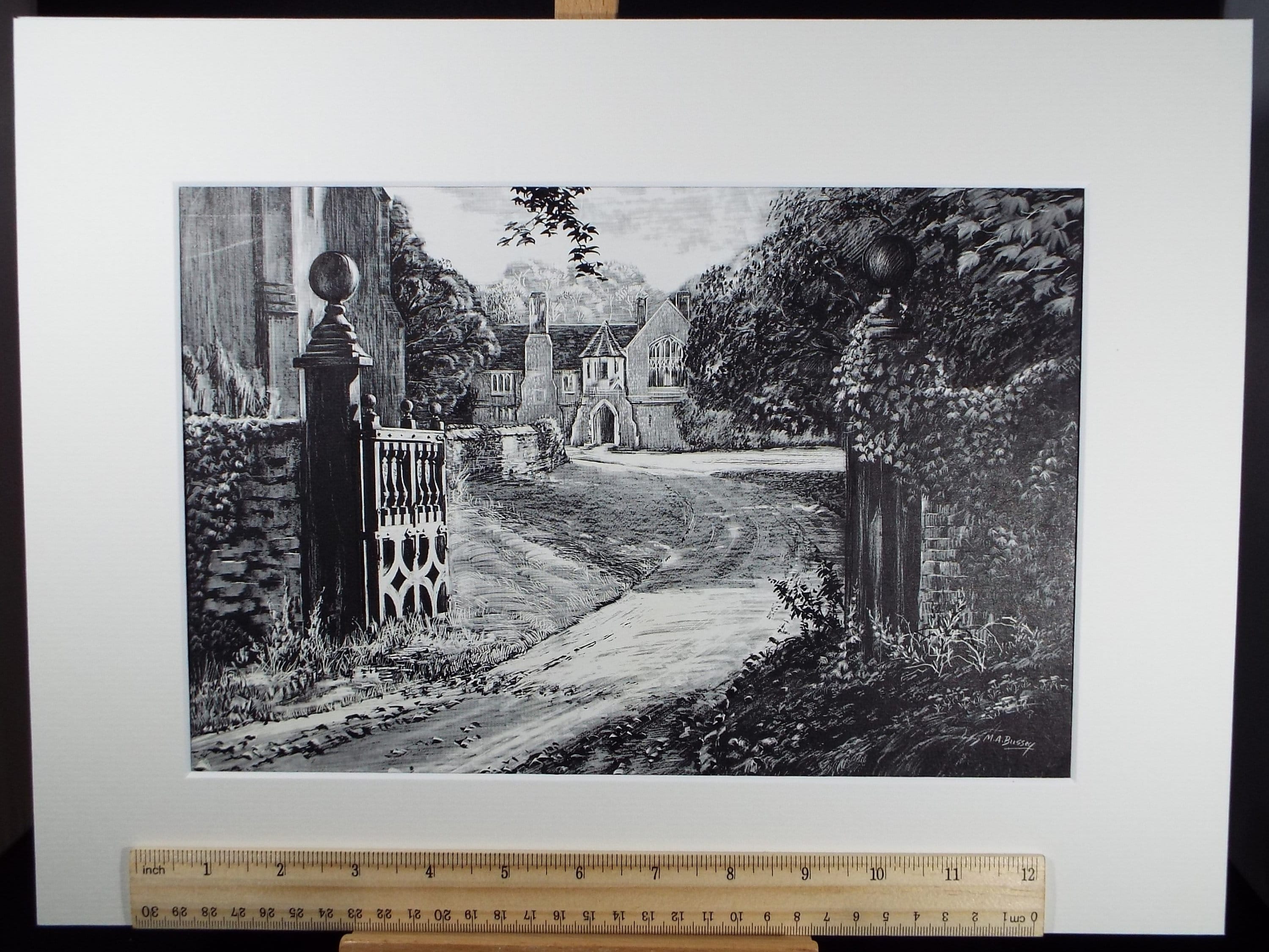 Original Etching on Scraperboard 'Bingham Hall' , Michael A. Bussey, circa 1960's