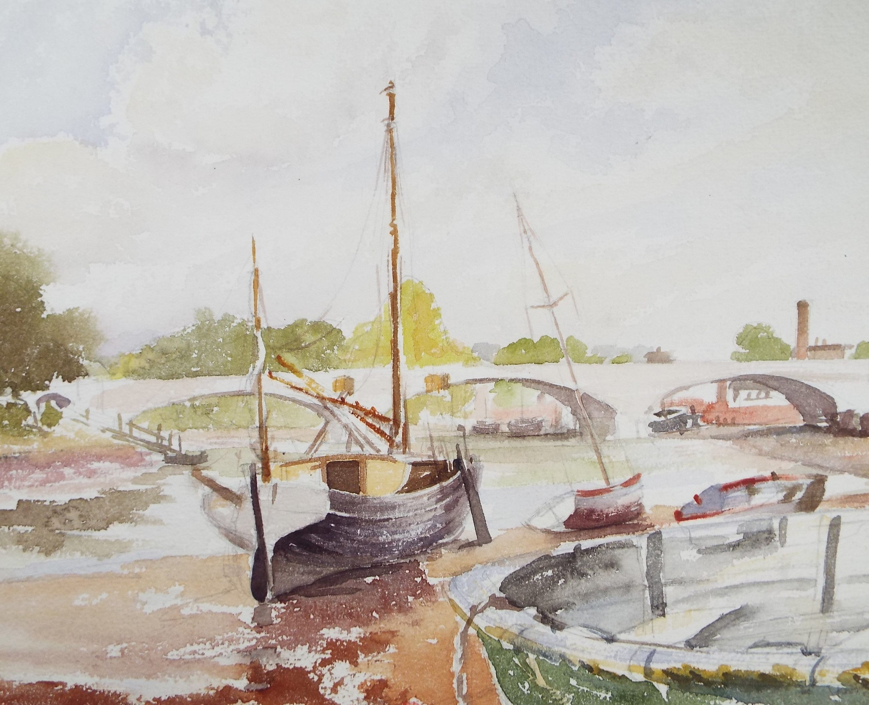Original Watercolour, 'Boats at Low tide', Michael A. Bussey 1920-2014, circa 1950's