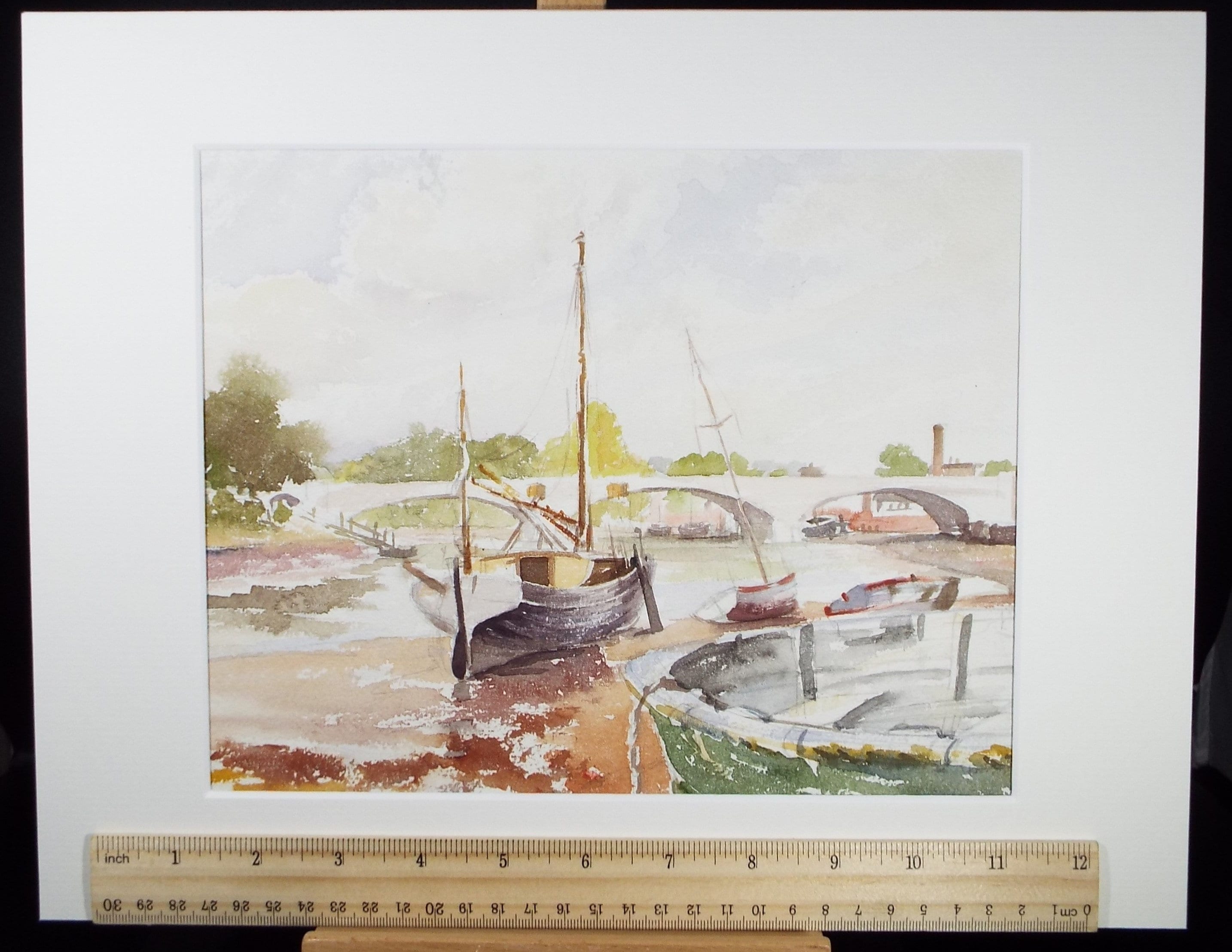 Original Watercolour, 'Boats at Low tide', Michael A. Bussey 1920-2014, circa 1950's