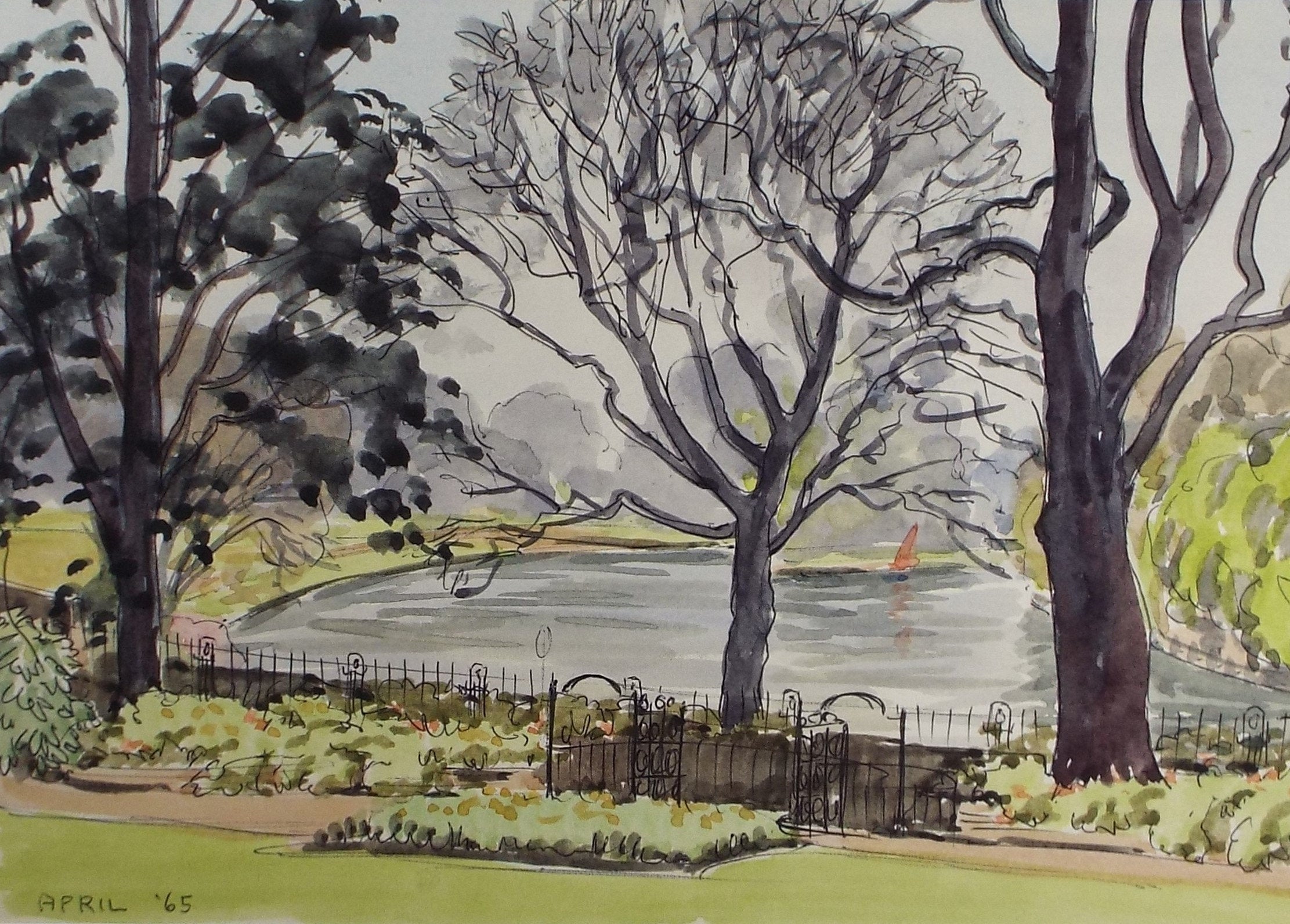 Original Watercolour, 'Lake at the park, George Godfrey, circa 1960's