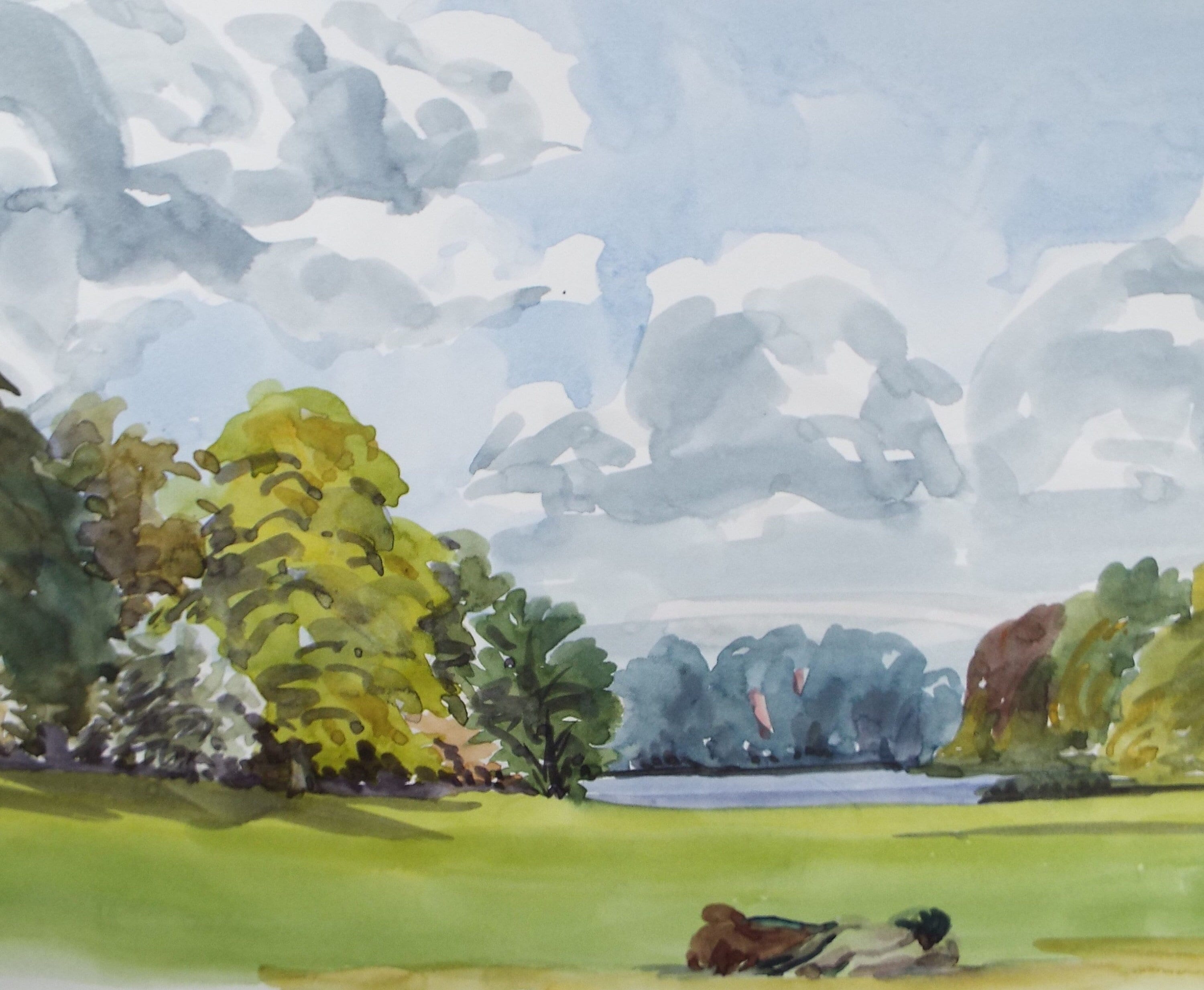 Original Watercolour, 'Green Landscape with Lake', George Godfrey, Circa 1960's
