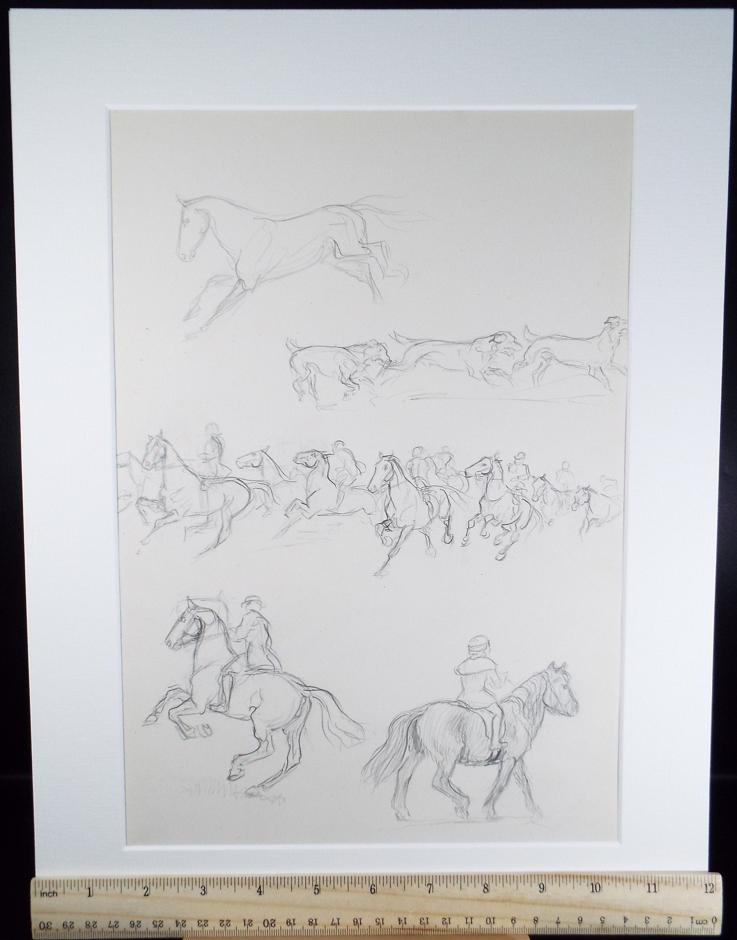 Original Pencil Sketch,'Study of Horses and Hounds', Helen Collins (1921-1990), circa 1938/9