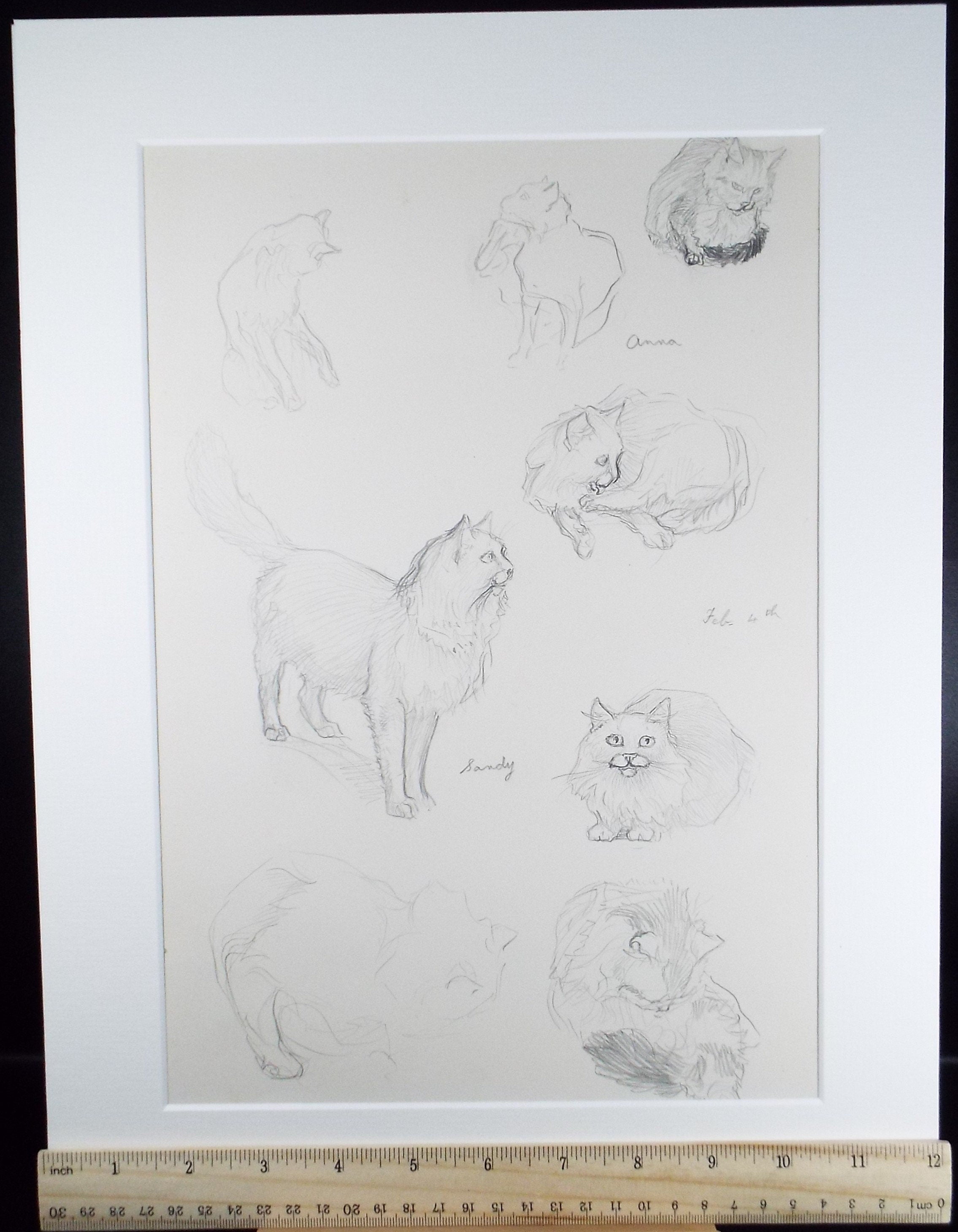 Original Pencil Sketch,'Study of cats', Helen Collins (1921-1990), circa 1938/9