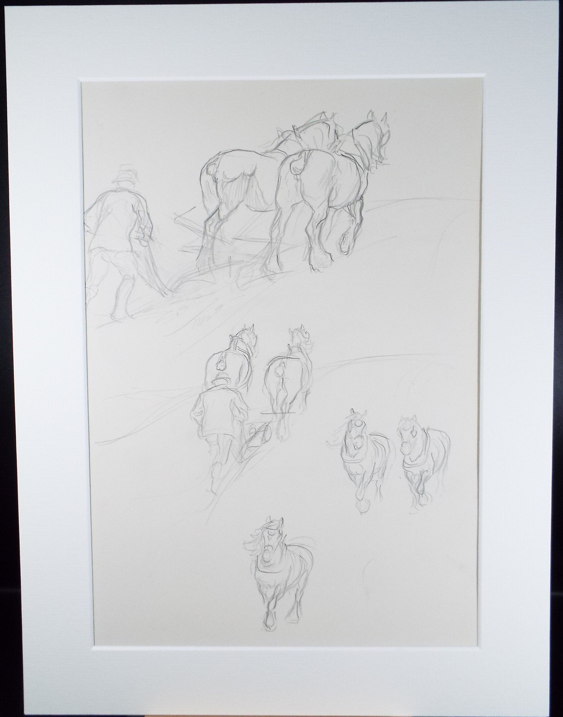Original Pencil Sketch,'Study Heavy Horses', Helen Collins (1921-1990), circa 1938/9