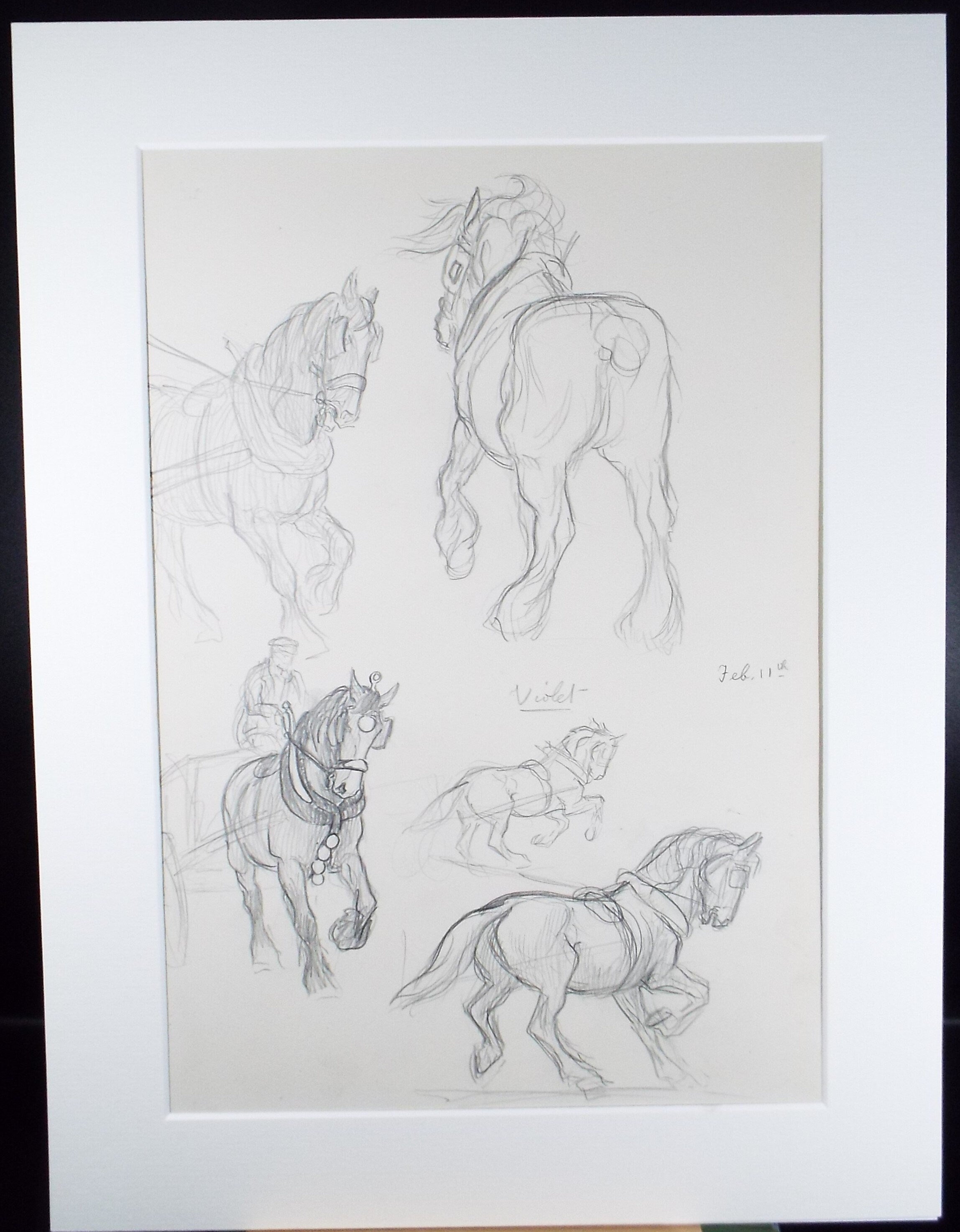 Original Pencil Sketch,'Study of Heavy Horses', Helen Collins (1921-1990), circa 1938/9