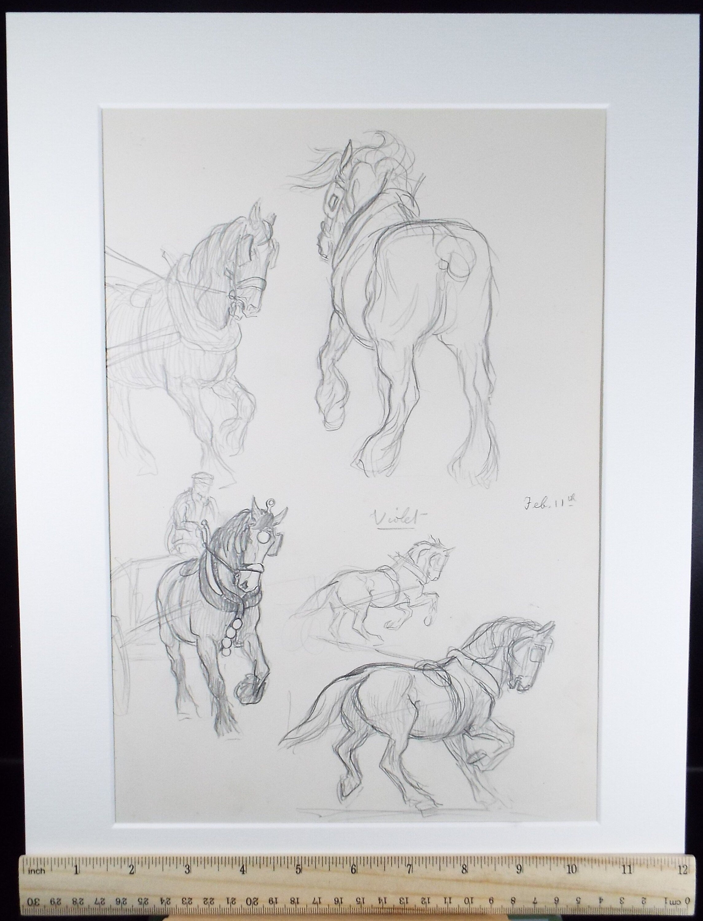 Original Pencil Sketch,'Study of Heavy Horses', Helen Collins (1921-1990), circa 1938/9
