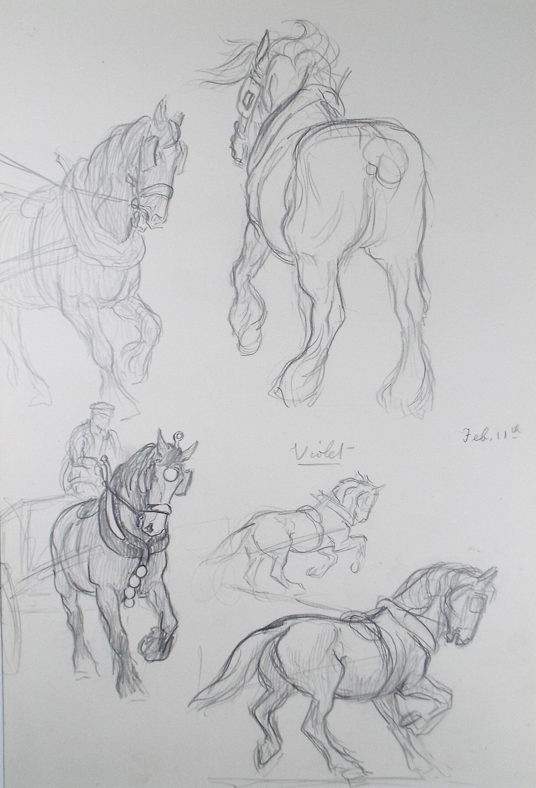 Original Pencil Sketch,'Study of Heavy Horses', Helen Collins (1921-1990), circa 1938/9
