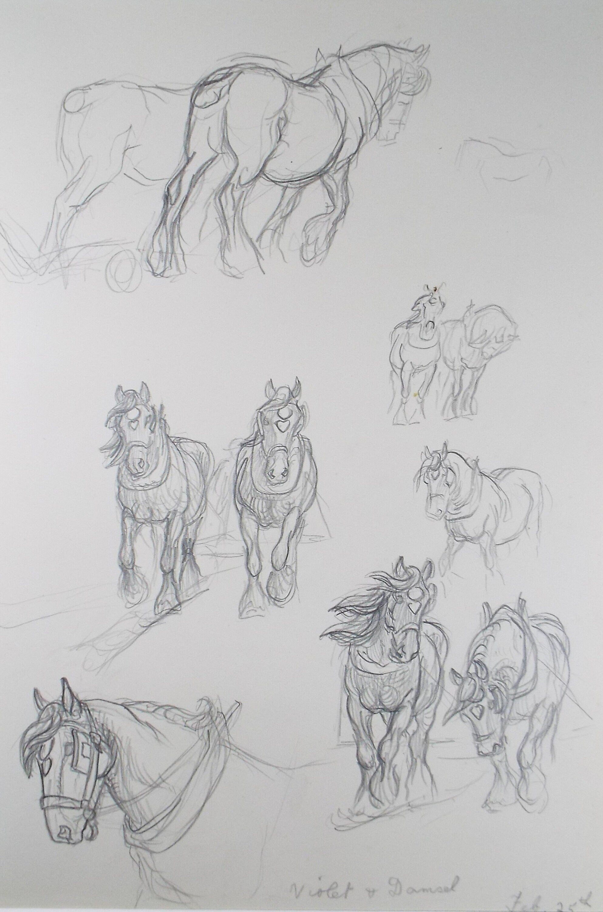 Original Pencil Sketch,'Study of Heavy Horses', Helen Collins (1921-1990), circa 1938/9