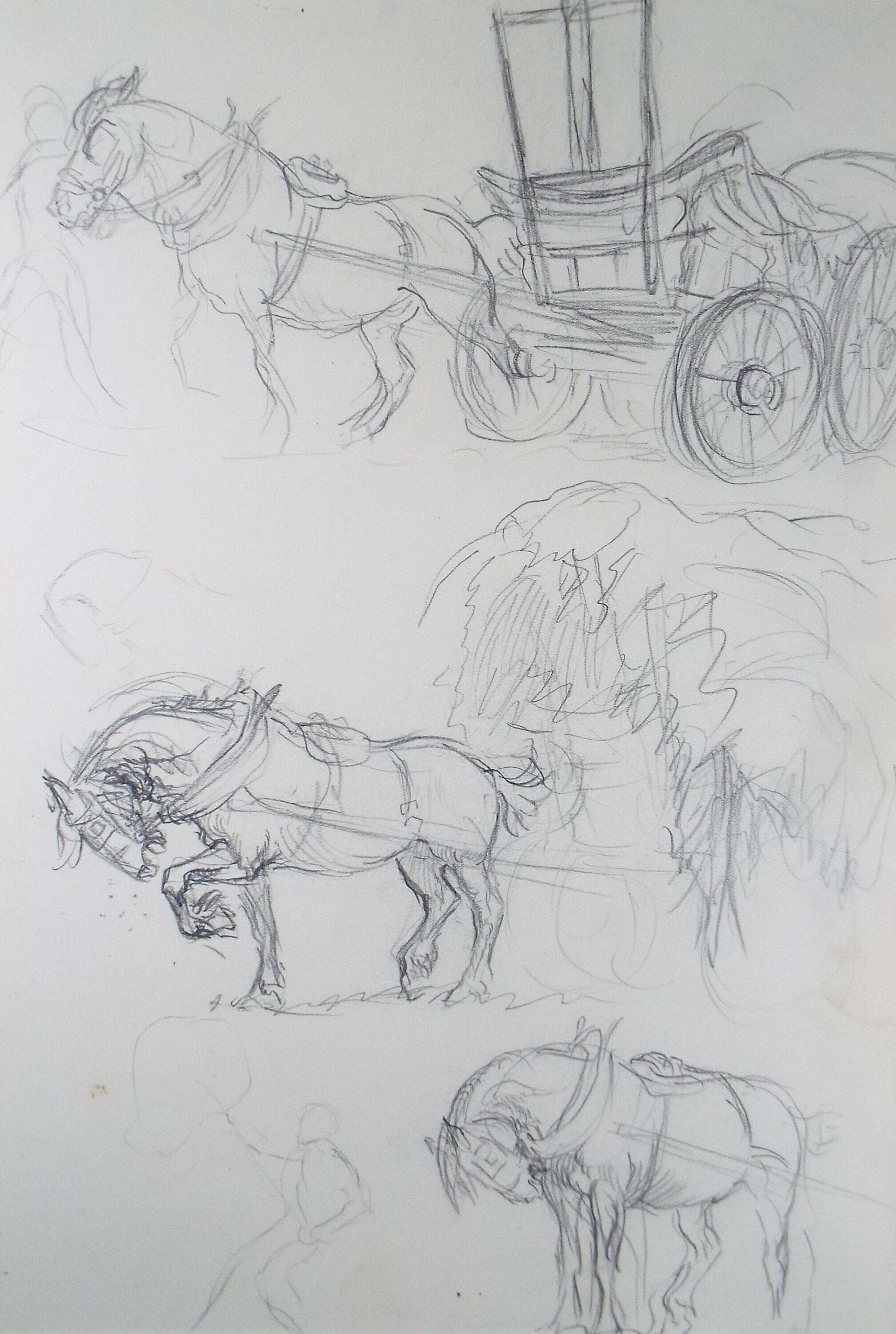 Original Pencil Sketch,'Study of Heavy Horses', Helen Collins (1921-1990), circa 1938/9