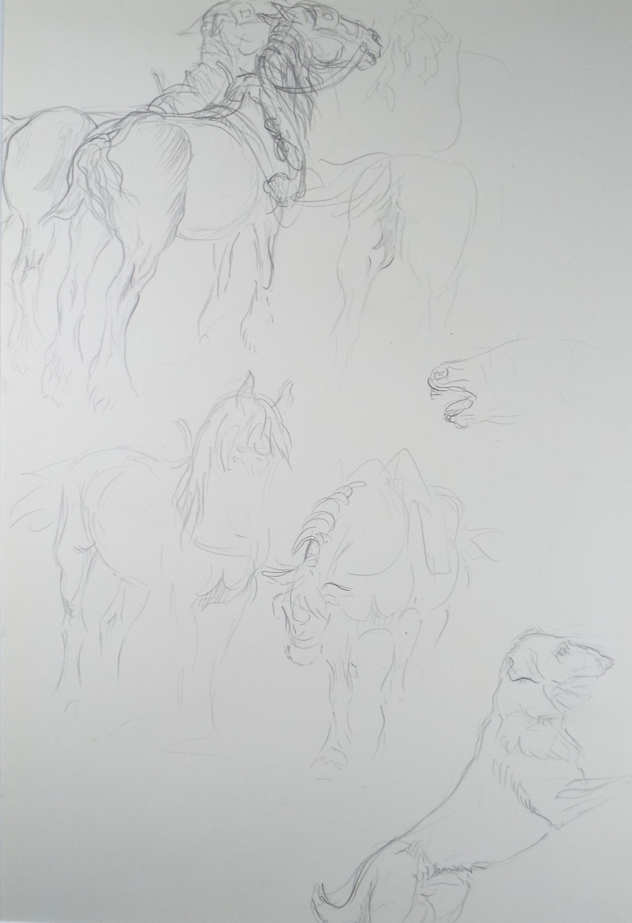Original Pencil Sketch,'Study of Heavy Horses', Helen Collins (1921-1990), circa 1938/9