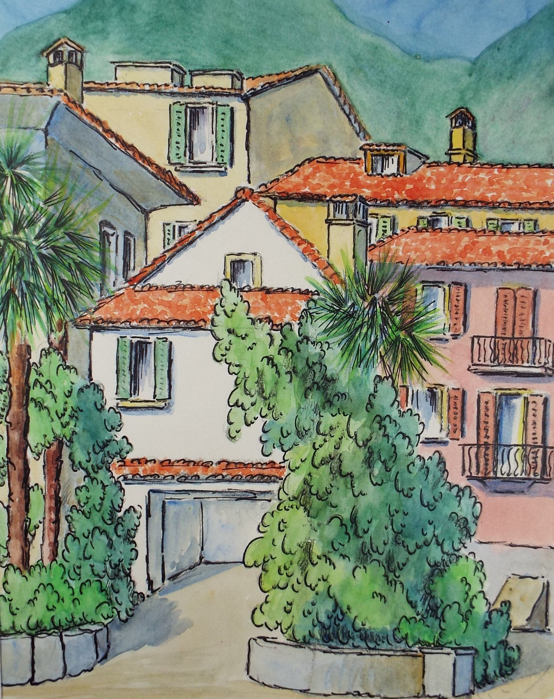 Original Watercolour & ink, 'Locarno, Switzerland', Cicely Glyn de Beers (1891-1973), Dated 1971