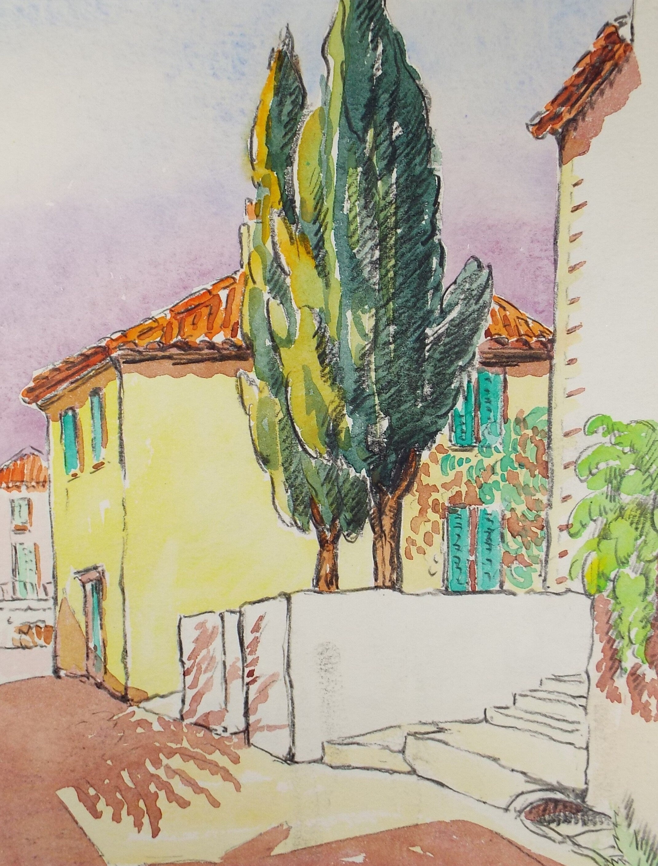 Original Watercolour & ink, 'Continental Villas', Cicely Glyn de Beers (1891-1973), Circa 1970's